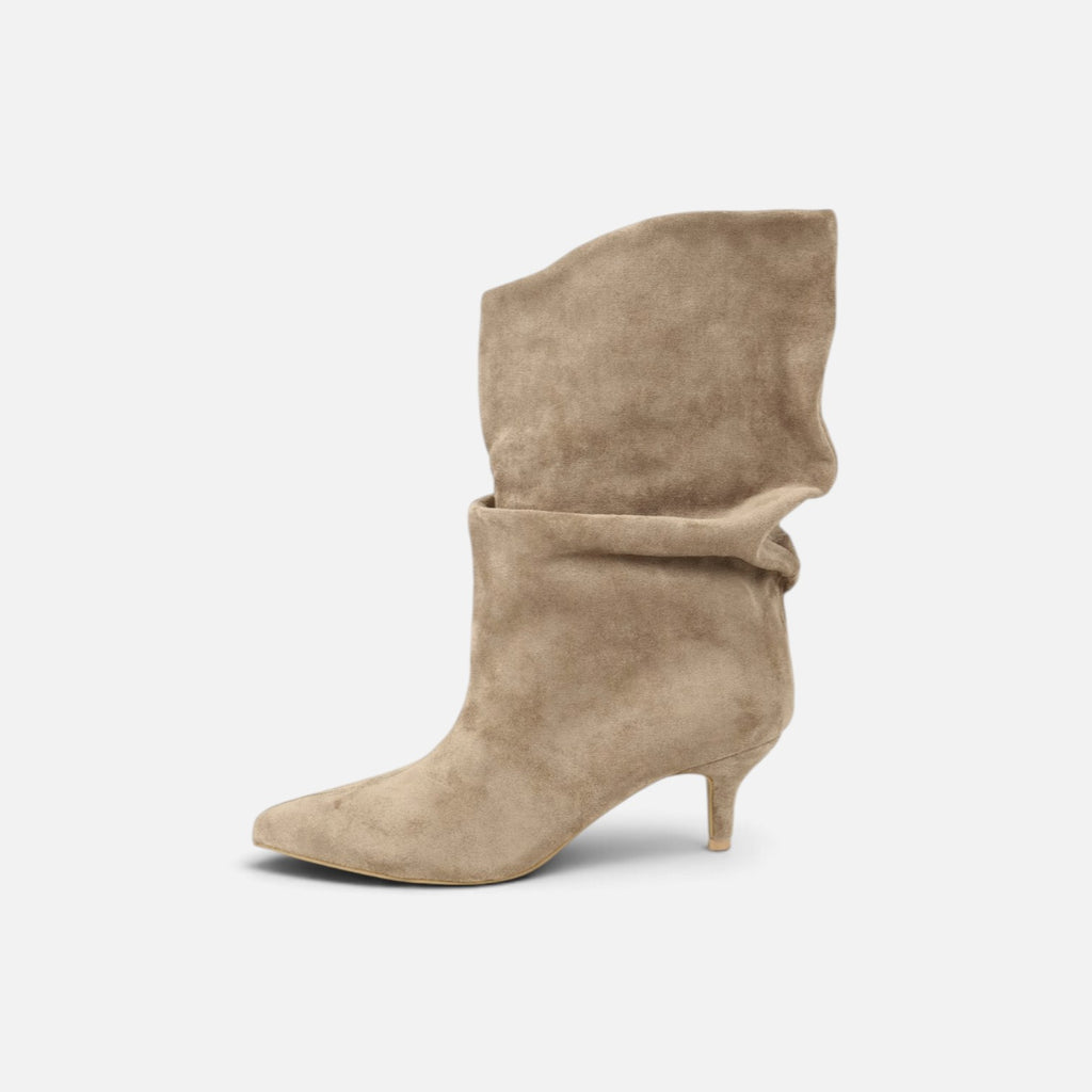 Botas de media caña fruncidas para mujer con tacón fino bajo, punta afilada, efecto ante, cierre de cremallera, botas a media pantorrilla