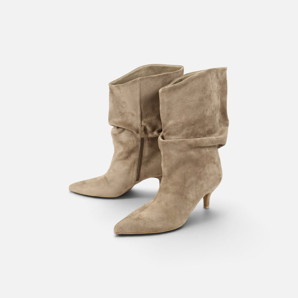 Botas de media caña fruncidas para mujer con tacón fino bajo, punta afilada, efecto ante, cierre de cremallera, botas a media pantorrilla