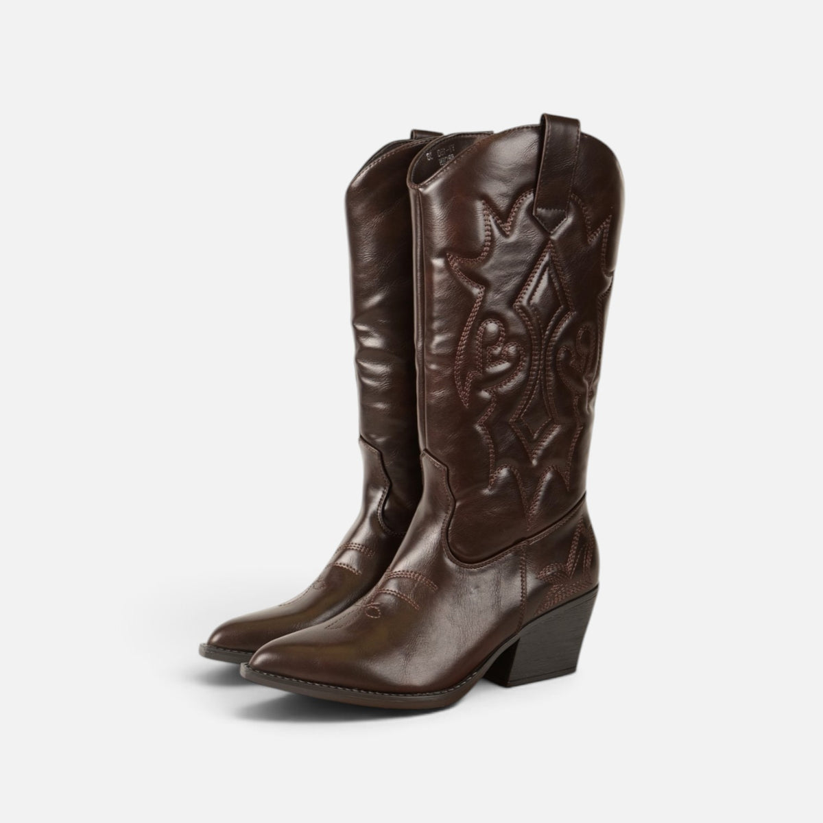 Botas cowboy altas para mujer de cuero sintético con brillo elegante, tacón ancho, punta afilada, bordados en relieve, estilo western campero, negro y marrón