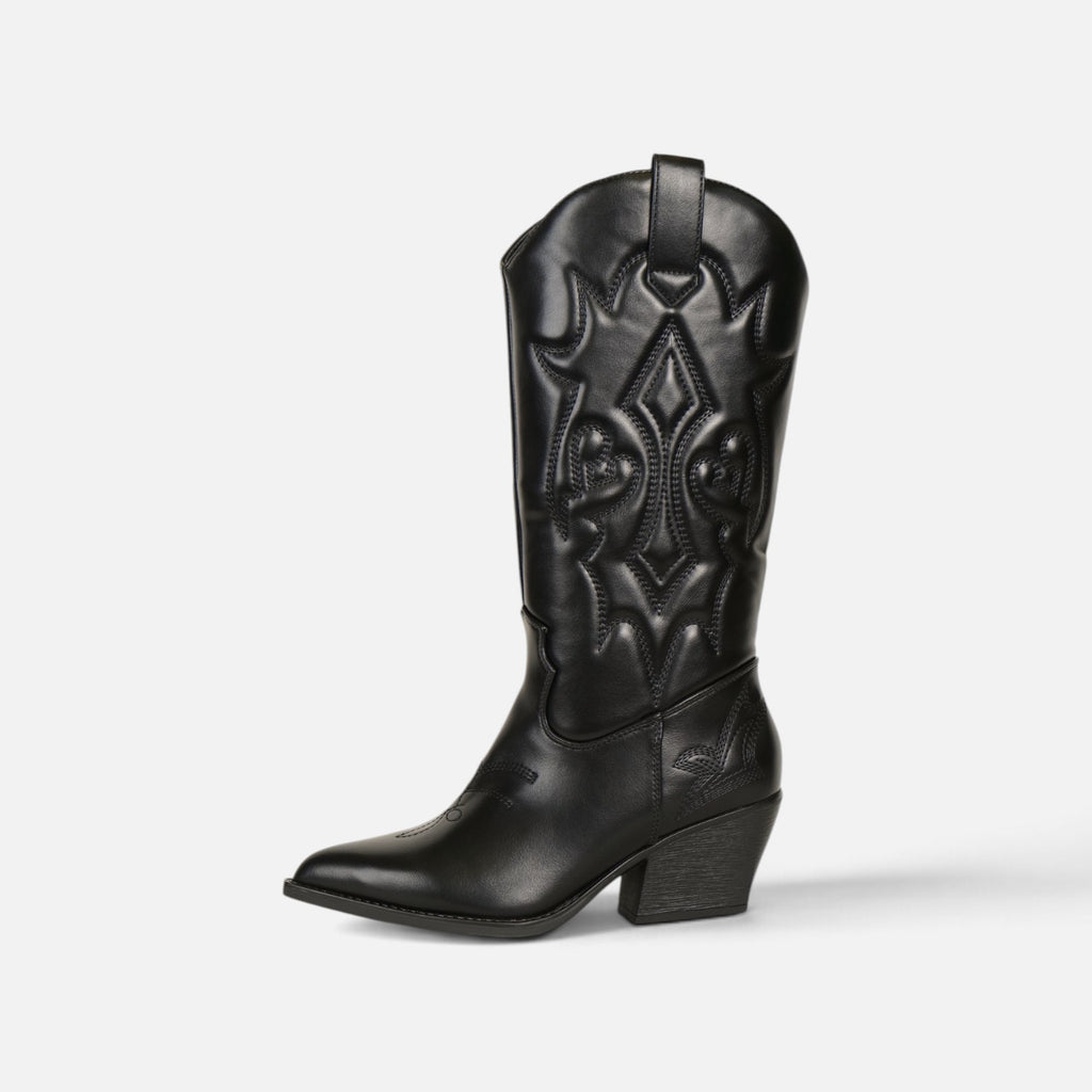 Botas cowboy altas para mujer de cuero sintético con brillo elegante, tacón ancho, punta afilada, bordados en relieve, estilo western campero, negro y marrón