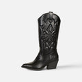 Botas cowboy altas para mujer de cuero sintético con brillo elegante, tacón ancho, punta afilada, bordados en relieve, estilo western campero, negro y marrón