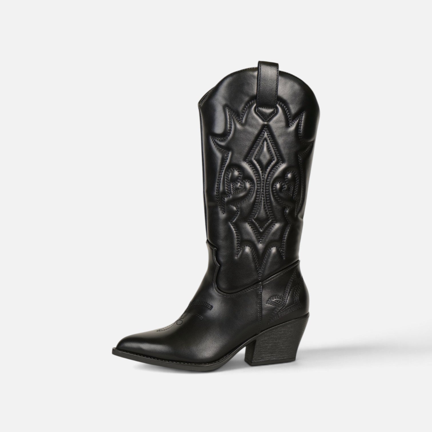 Botas cowboy altas para mujer de cuero sintético con brillo elegante, tacón ancho, punta afilada, bordados en relieve, estilo western campero, negro y marrón