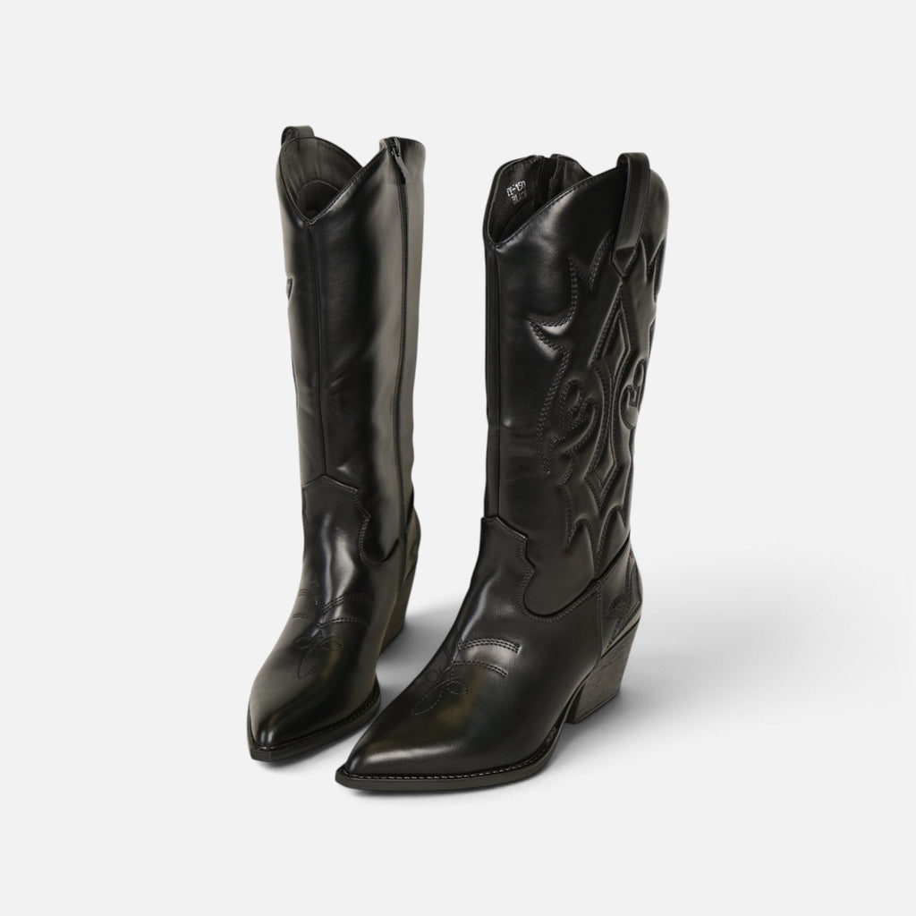 Botas cowboy altas para mujer de cuero sintético con brillo elegante, tacón ancho, punta afilada, bordados en relieve, estilo western campero, negro y marrón