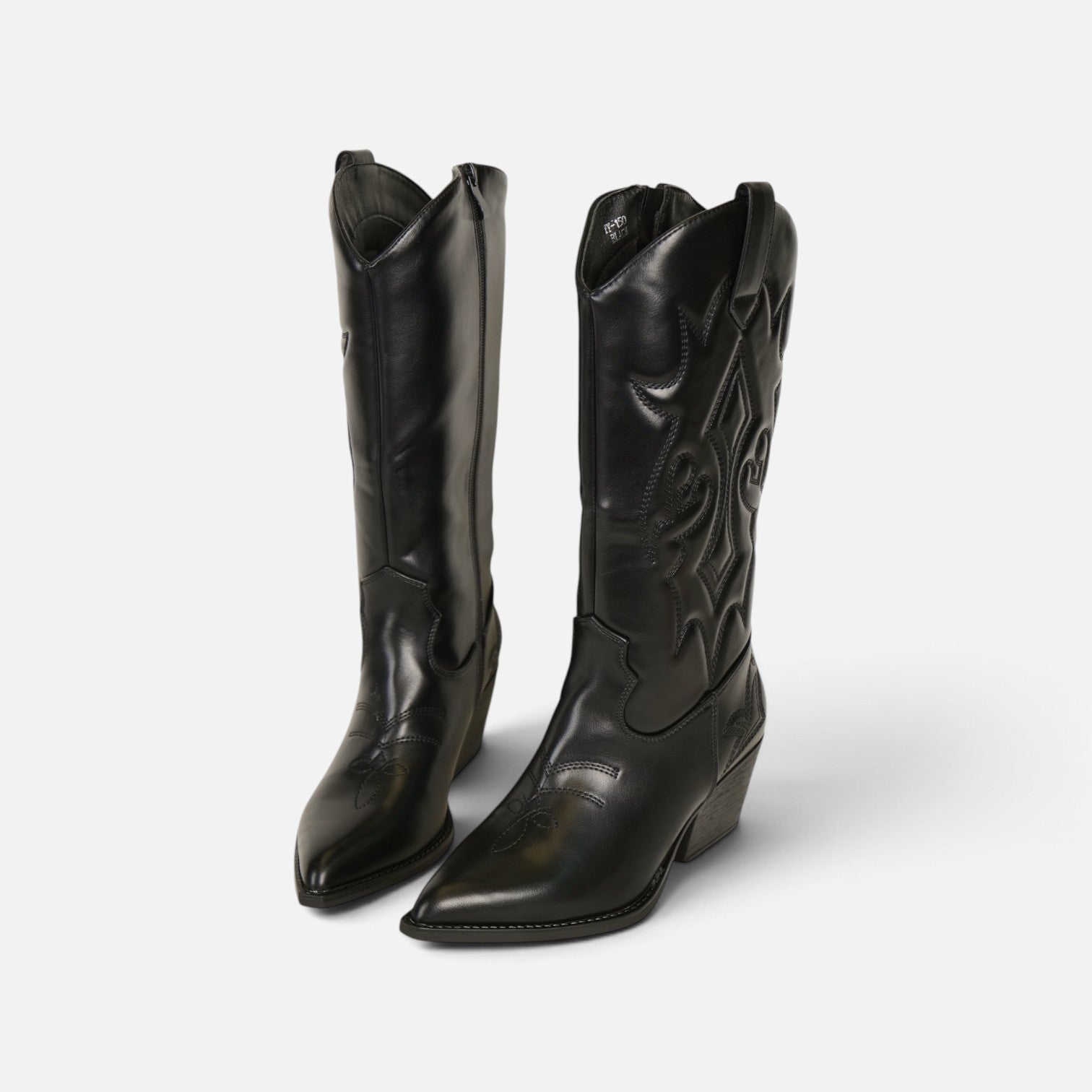 Botas cowboy altas para mujer de cuero sintético con brillo elegante, tacón ancho, punta afilada, bordados en relieve, estilo western campero, negro y marrón