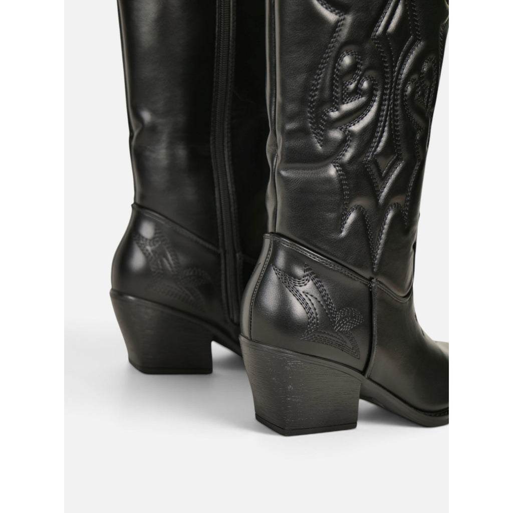 Botas cowboy altas para mujer de cuero sintético con brillo elegante, tacón ancho, punta afilada, bordados en relieve, estilo western campero, negro y marrón