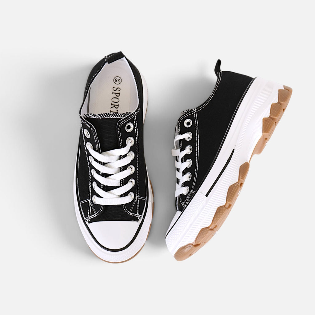 Zapatillas de lona para mujer con plataforma y cordones deportivas casual, suela gruesa dentada, puntera redonda, estilo urbano, negro y blanco