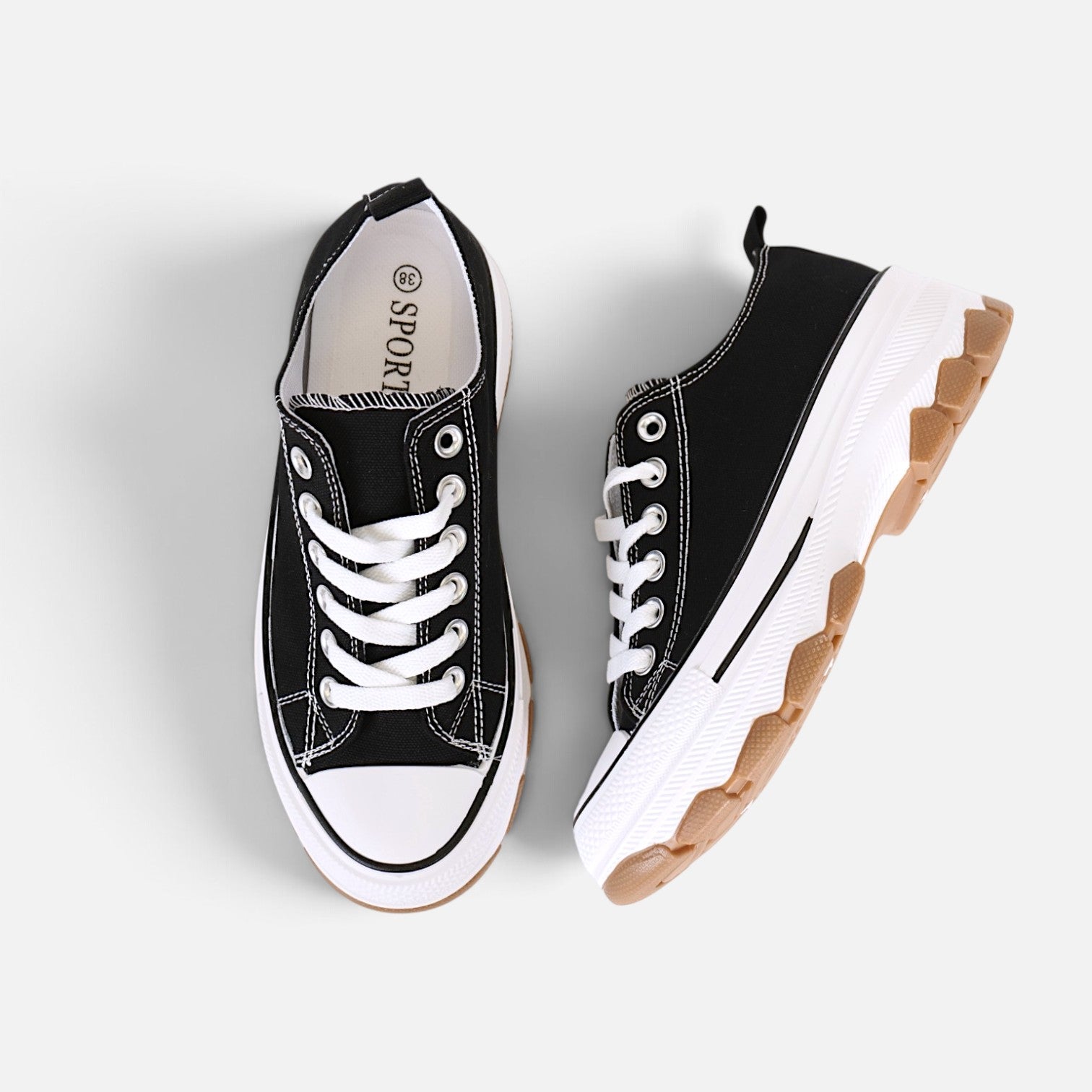 Zapatillas de lona para mujer con plataforma y cordones deportivas casual, suela gruesa dentada, puntera redonda, estilo urbano, negro y blanco