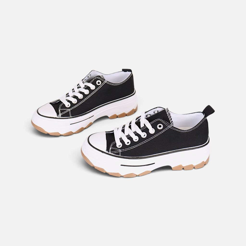 Zapatillas de lona para mujer con plataforma y cordones deportivas casual, suela gruesa dentada, puntera redonda, estilo urbano, negro y blanco