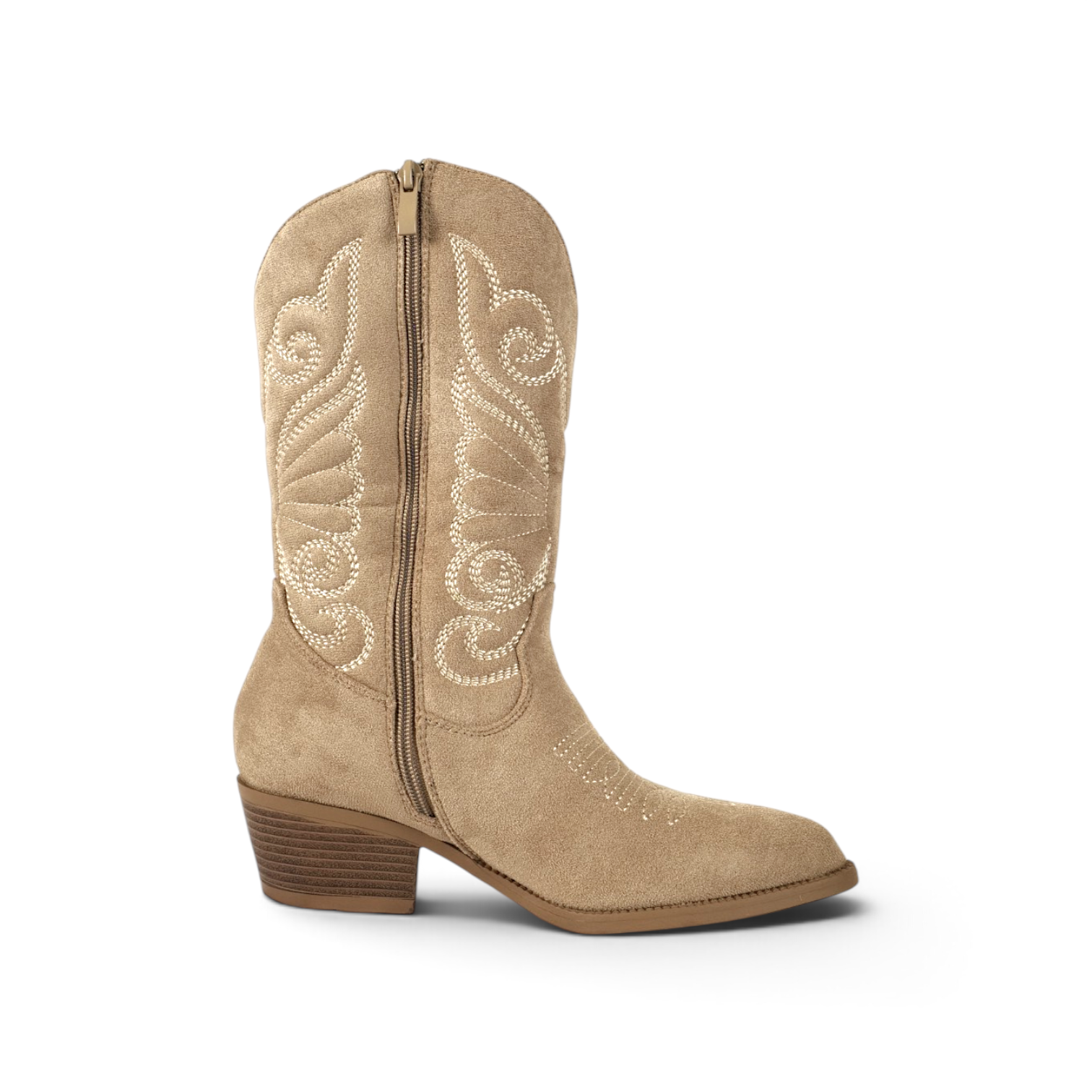 Botas cowboy de mujer bordadas en gamuza sintética con tacón medio, estilo western para otoño, invierno y looks casuales
