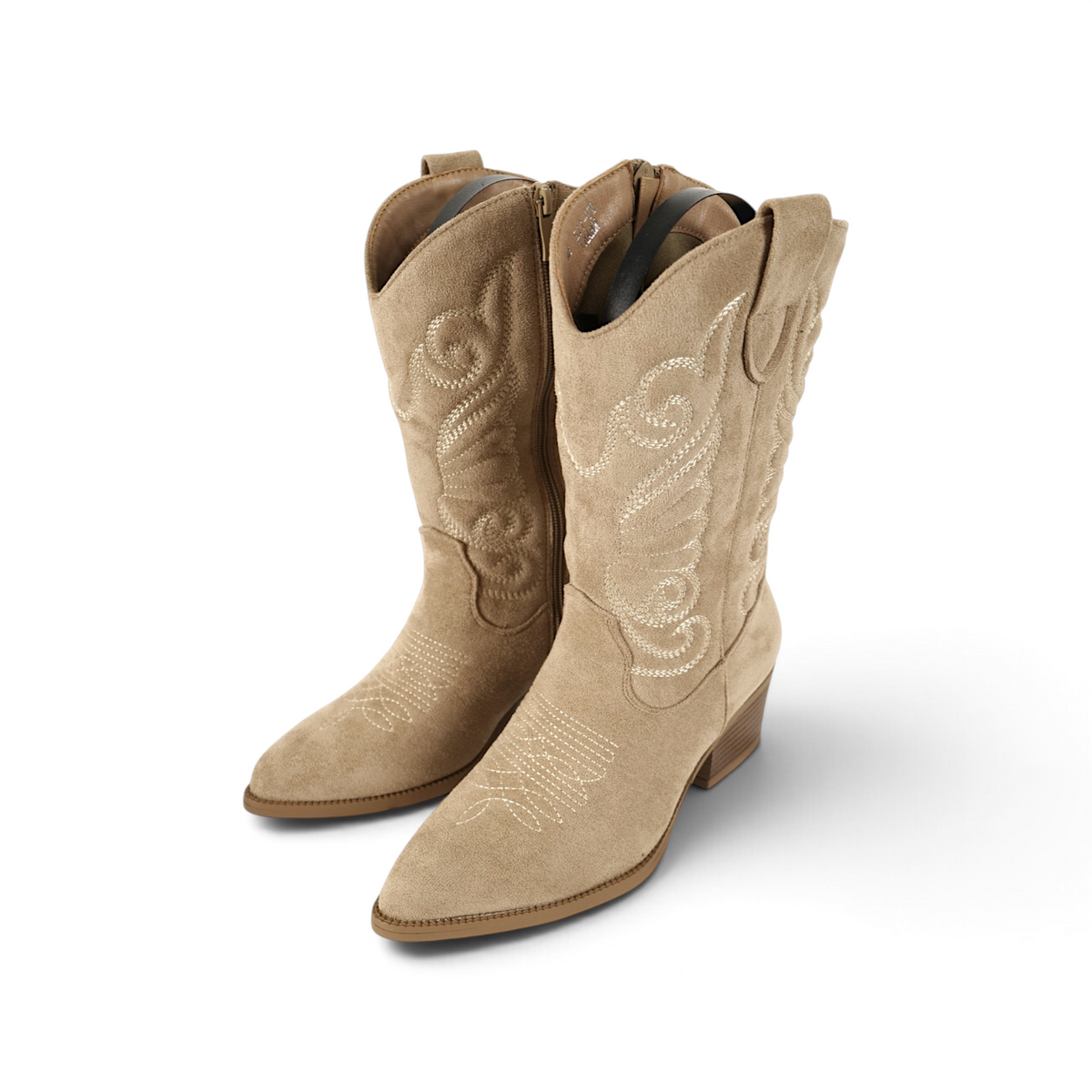 Botas cowboy de mujer bordadas en gamuza sintética con tacón medio, estilo western para otoño, invierno y looks casuales