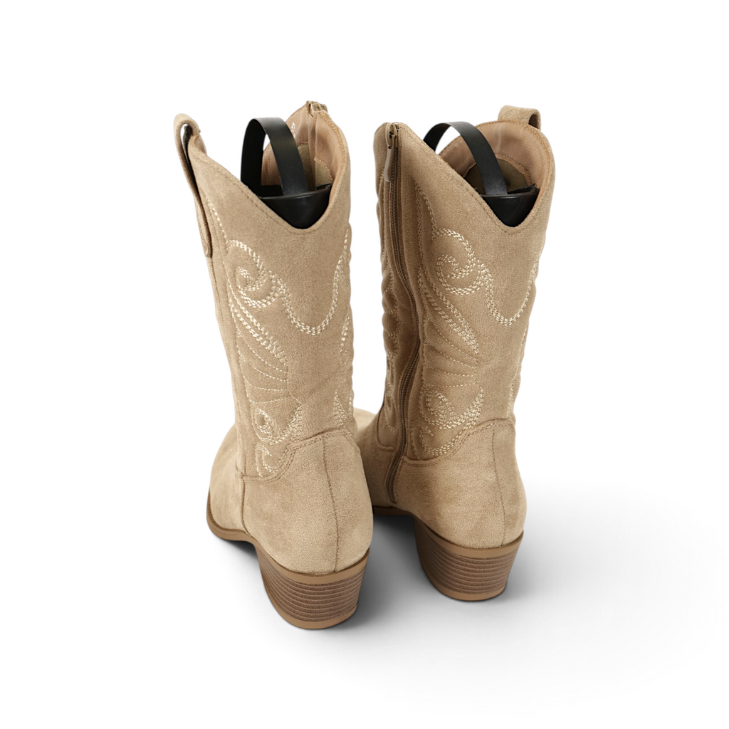 Botas cowboy de mujer bordadas en gamuza sintética con tacón medio, estilo western para otoño, invierno y looks casuales