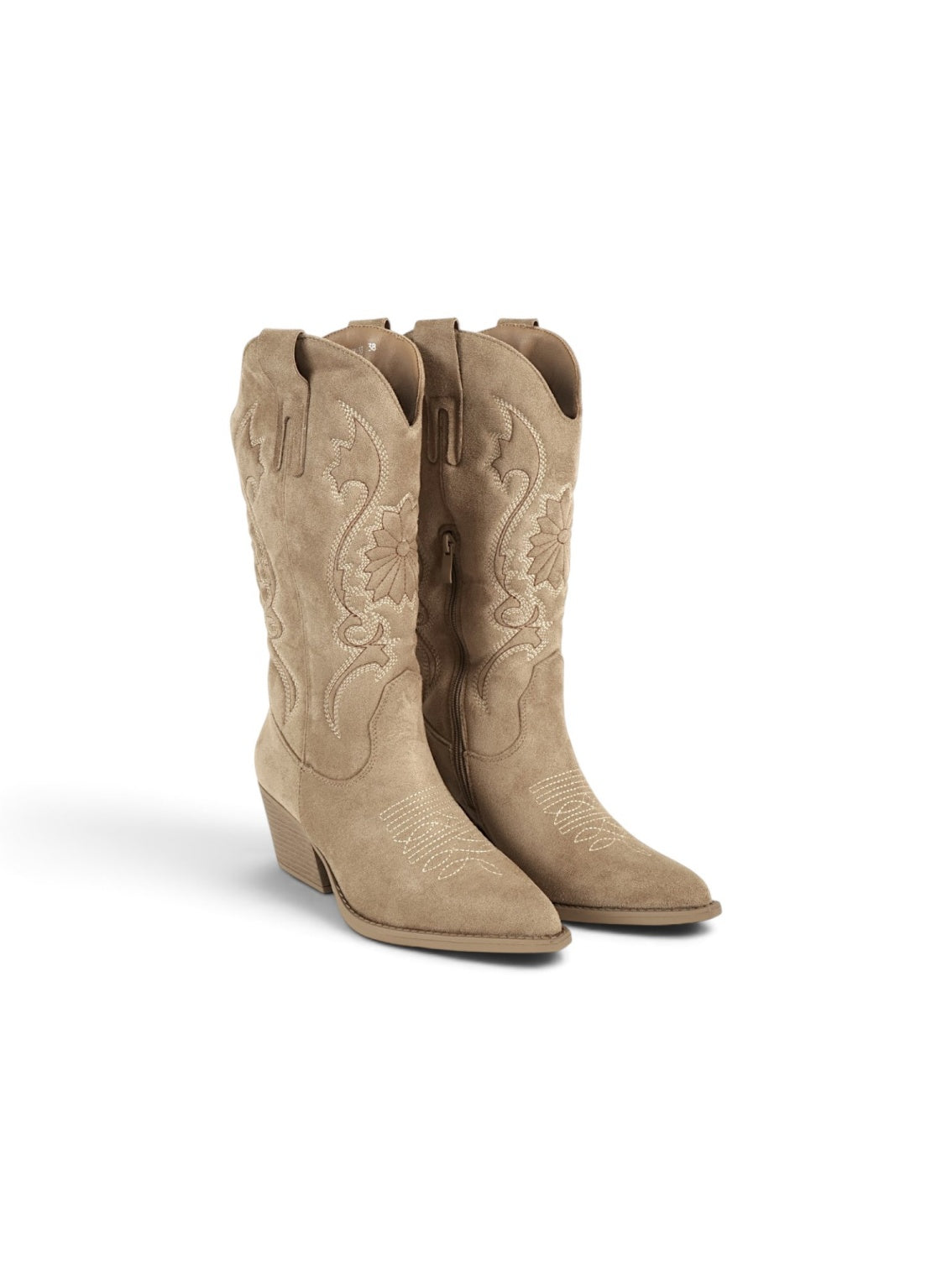 Botas cowboy de mujer con bordado floral en gamuza sintética, caña alta y tacón medio para otoño, invierno y looks casuales