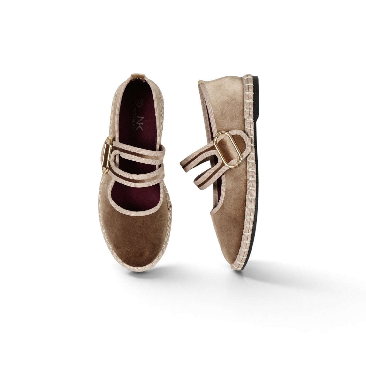 Merceditas terciopelo con doble tira para mujer, manoletinas bailarinas planas con velcro, hebilla dorada decorativa, plantilla textil acolchada extra, suela flexible y cómodas para diario