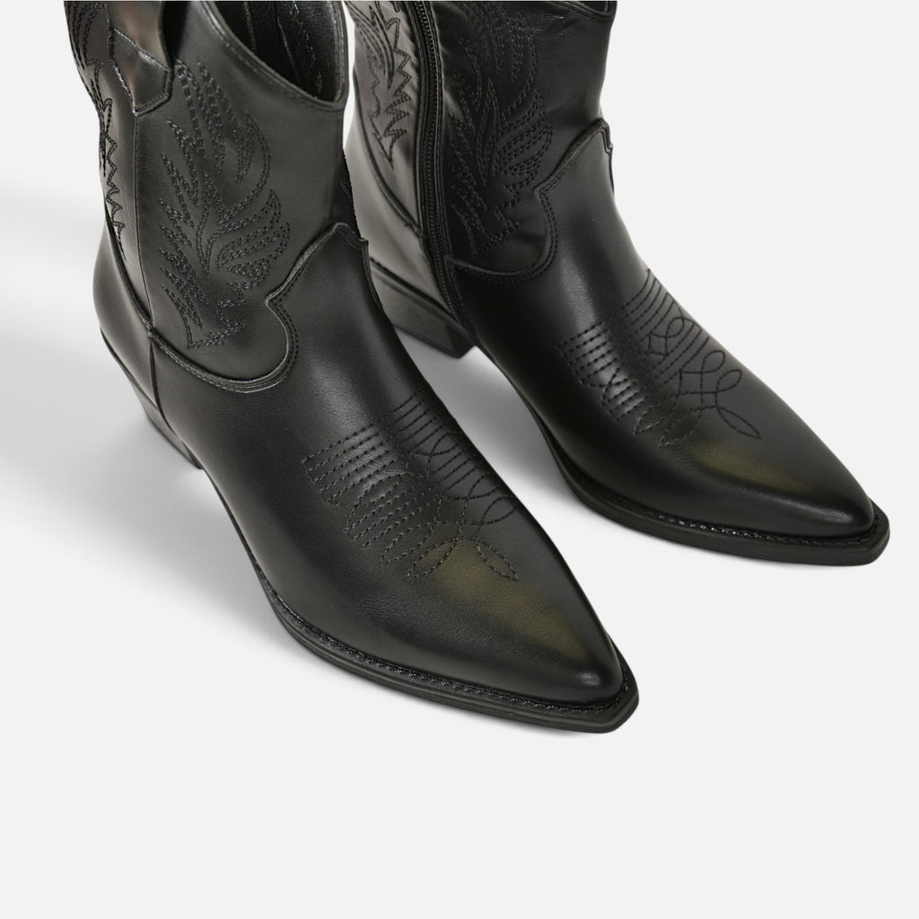 Botines cowboy bordados de gamuza sintética para mujer, botas camperas de caña media, tacón ancho, punta afilada, botas vaquetas cremallera lateral, cómodos para otoño invierno