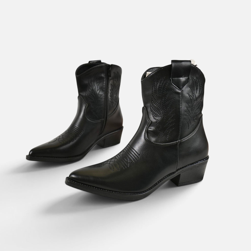 Botines cowboy bordados de gamuza sintética para mujer, botas camperas de caña media, tacón ancho, punta afilada, botas vaquetas cremallera lateral, cómodos para otoño invierno