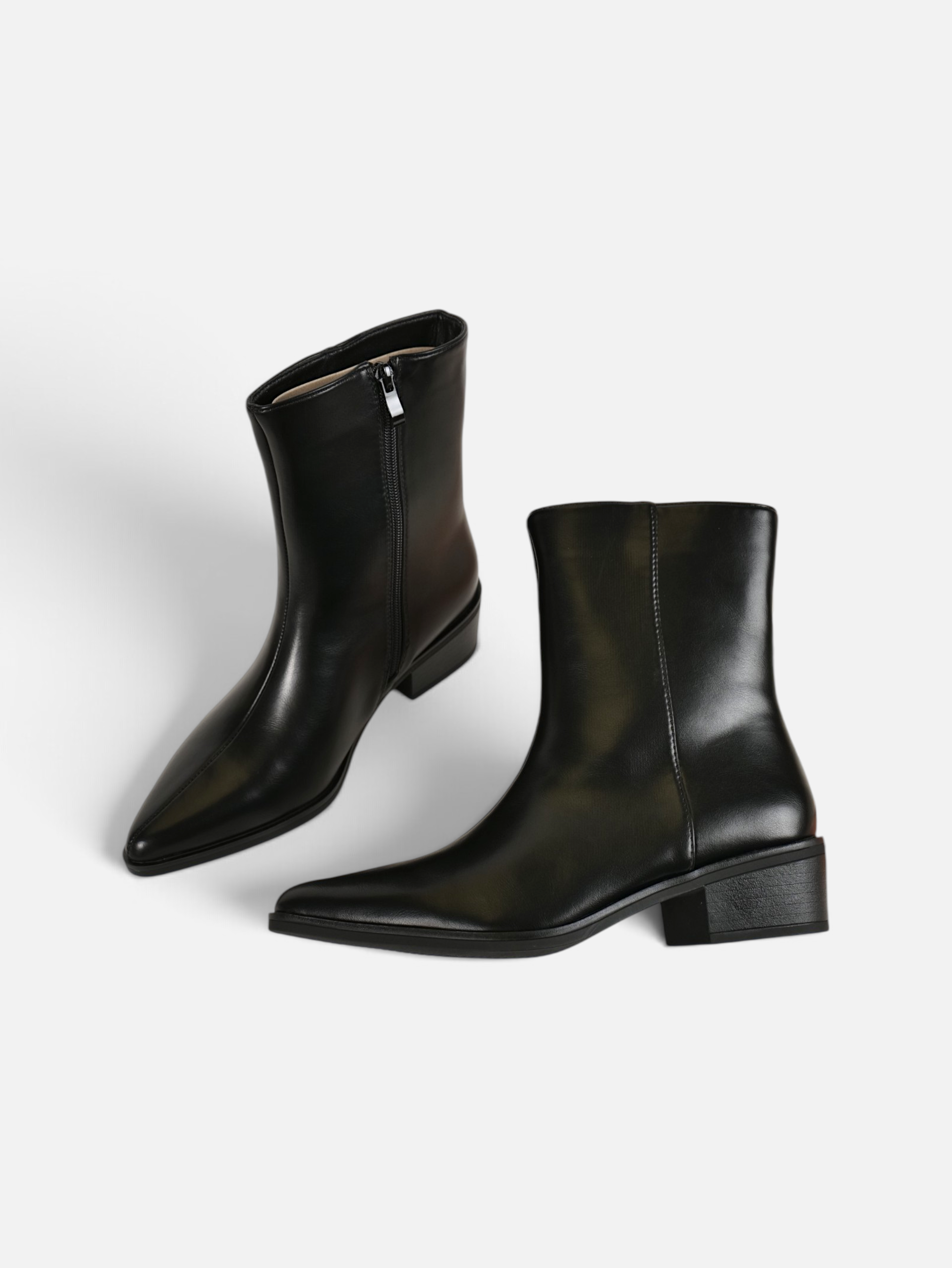 Botines elegantes punta afilada para mujer efecto piel, tacón bajo ancho con cremallera lateral, estilo minimalista, para oficina, otoño invierno, negro, burdeos y marrón chocolate