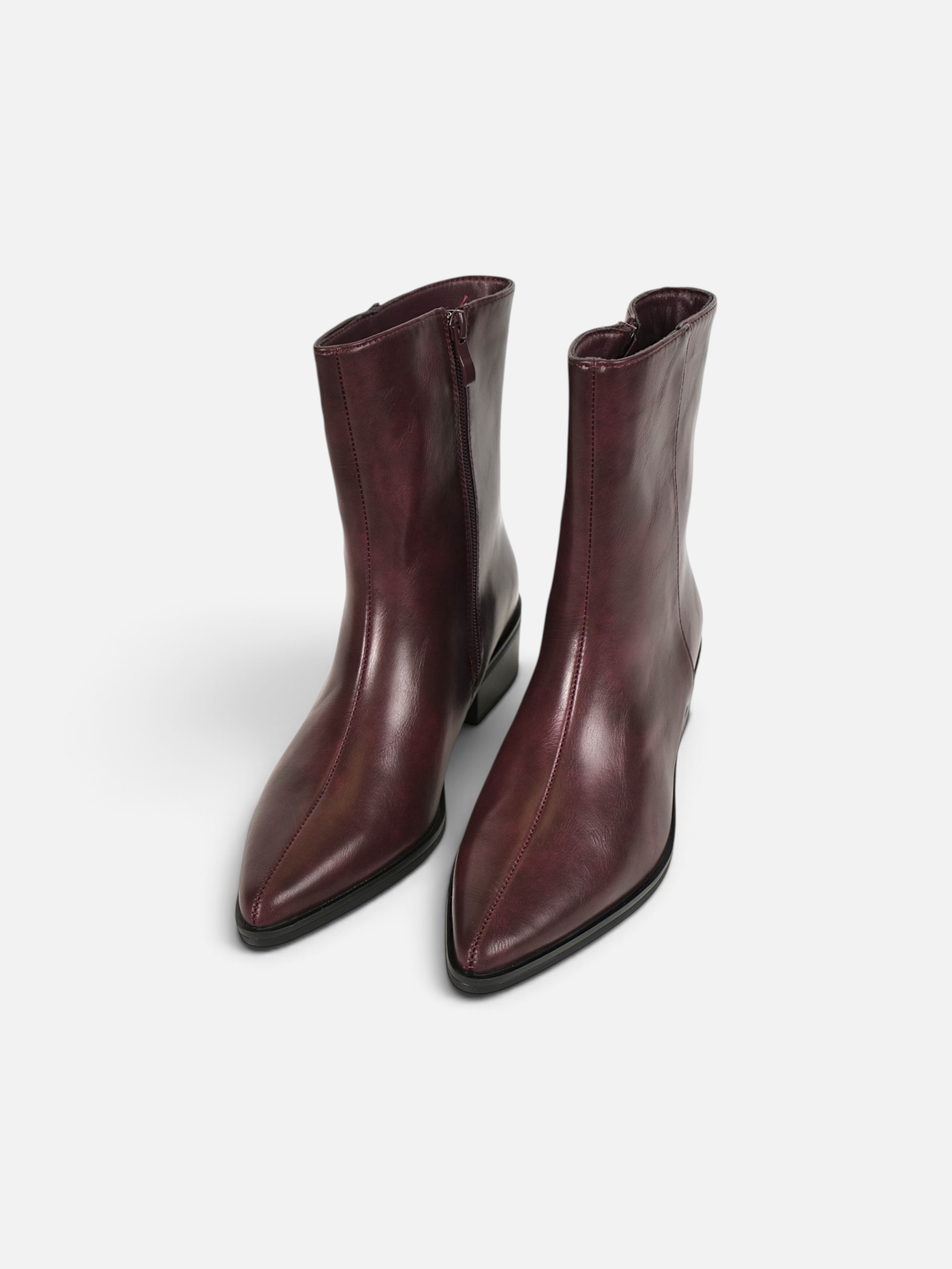 Botines elegantes punta afilada para mujer efecto piel, tacón bajo ancho con cremallera lateral, estilo minimalista, para oficina, otoño invierno, negro, burdeos y marrón chocolate