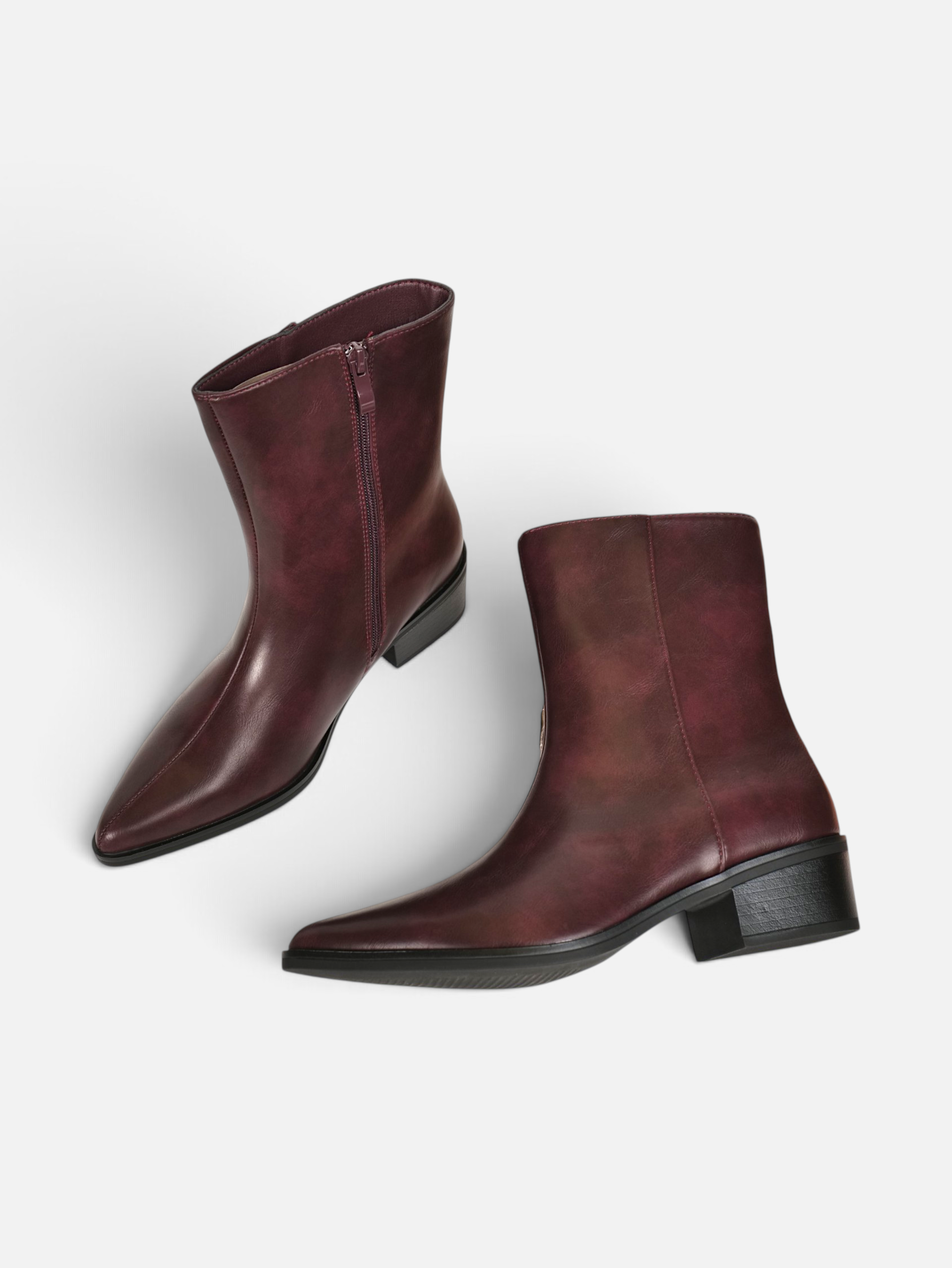 Botines elegantes punta afilada para mujer efecto piel, tacón bajo ancho con cremallera lateral, estilo minimalista, para oficina, otoño invierno, negro, burdeos y marrón chocolate