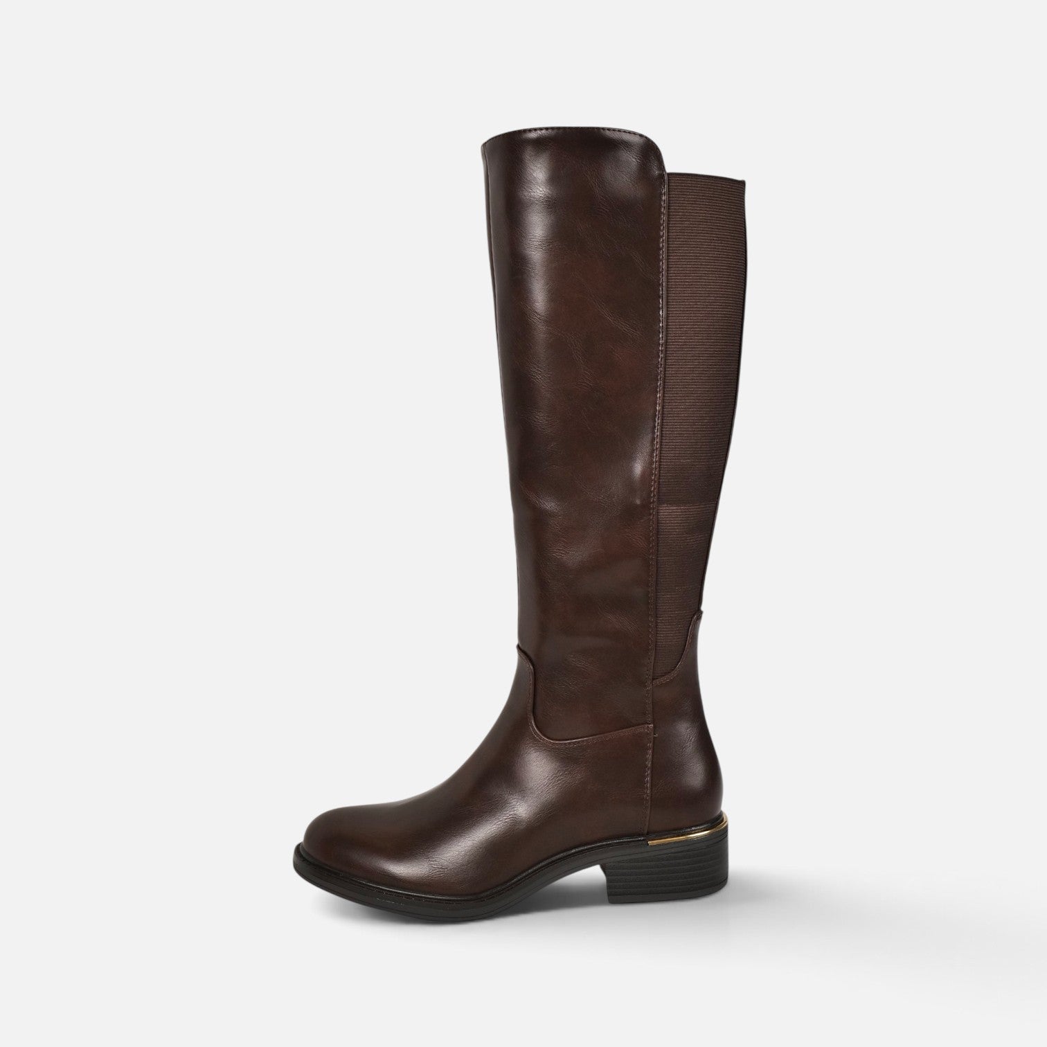 Botas altas planas de mujer efecto piel, botas planas de caña alta con cremallera lateral, con goma elástica ajustable tacón bajo y diseño clásico, negro y marrón chocolate