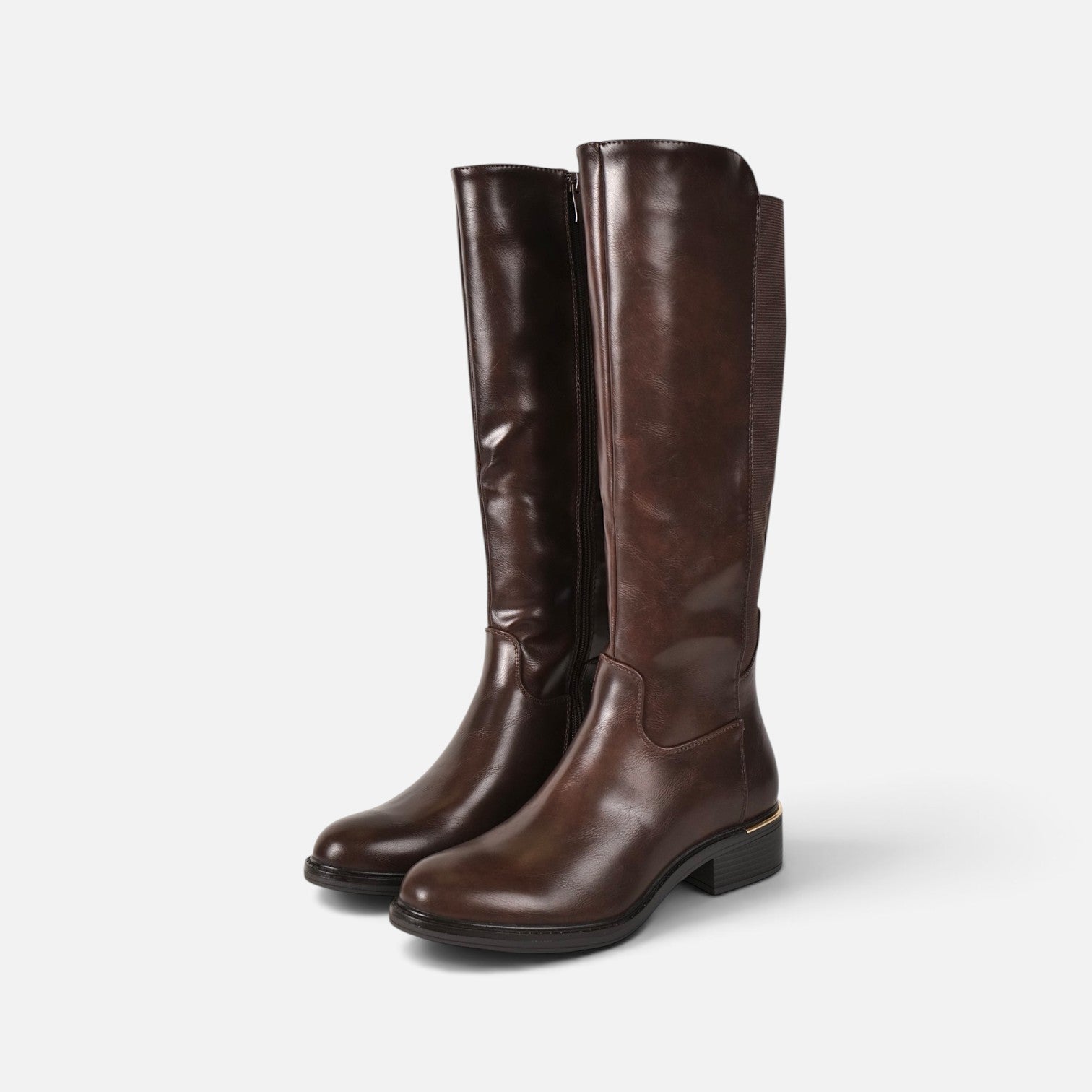 Botas altas planas de mujer efecto piel, botas planas de caña alta con cremallera lateral, con goma elástica ajustable tacón bajo y diseño clásico, negro y marrón chocolate