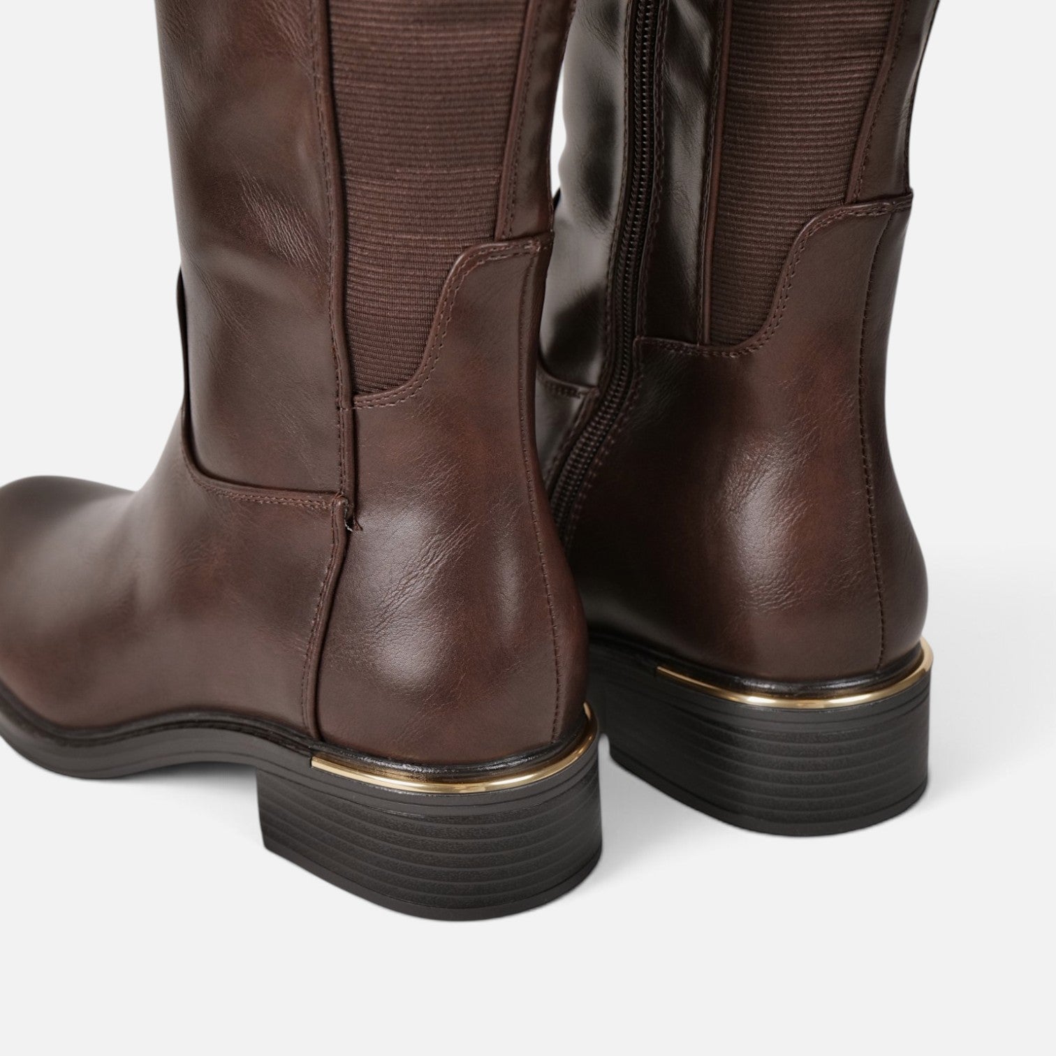Botas altas planas de mujer efecto piel, botas planas de caña alta con cremallera lateral, con goma elástica ajustable tacón bajo y diseño clásico, negro y marrón chocolate