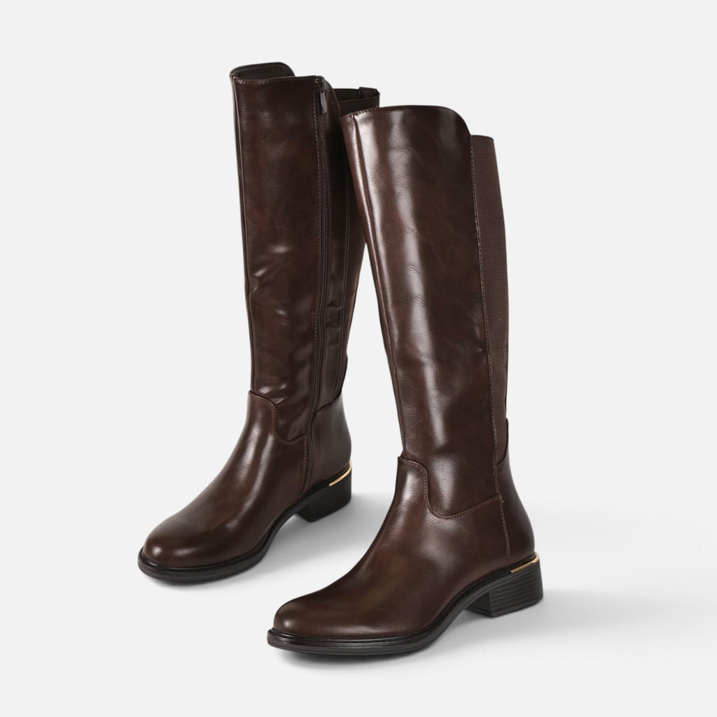 Botas altas planas de mujer efecto piel, botas planas de caña alta con cremallera lateral, con goma elástica ajustable tacón bajo y diseño clásico, negro y marrón chocolate
