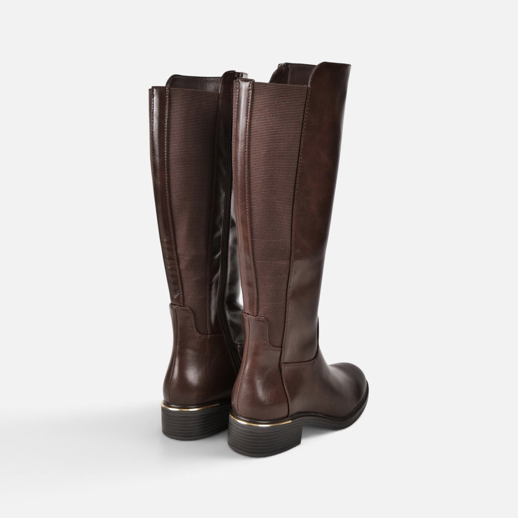 Botas altas planas de mujer efecto piel, botas planas de caña alta con cremallera lateral, con goma elástica ajustable tacón bajo y diseño clásico, negro y marrón chocolate