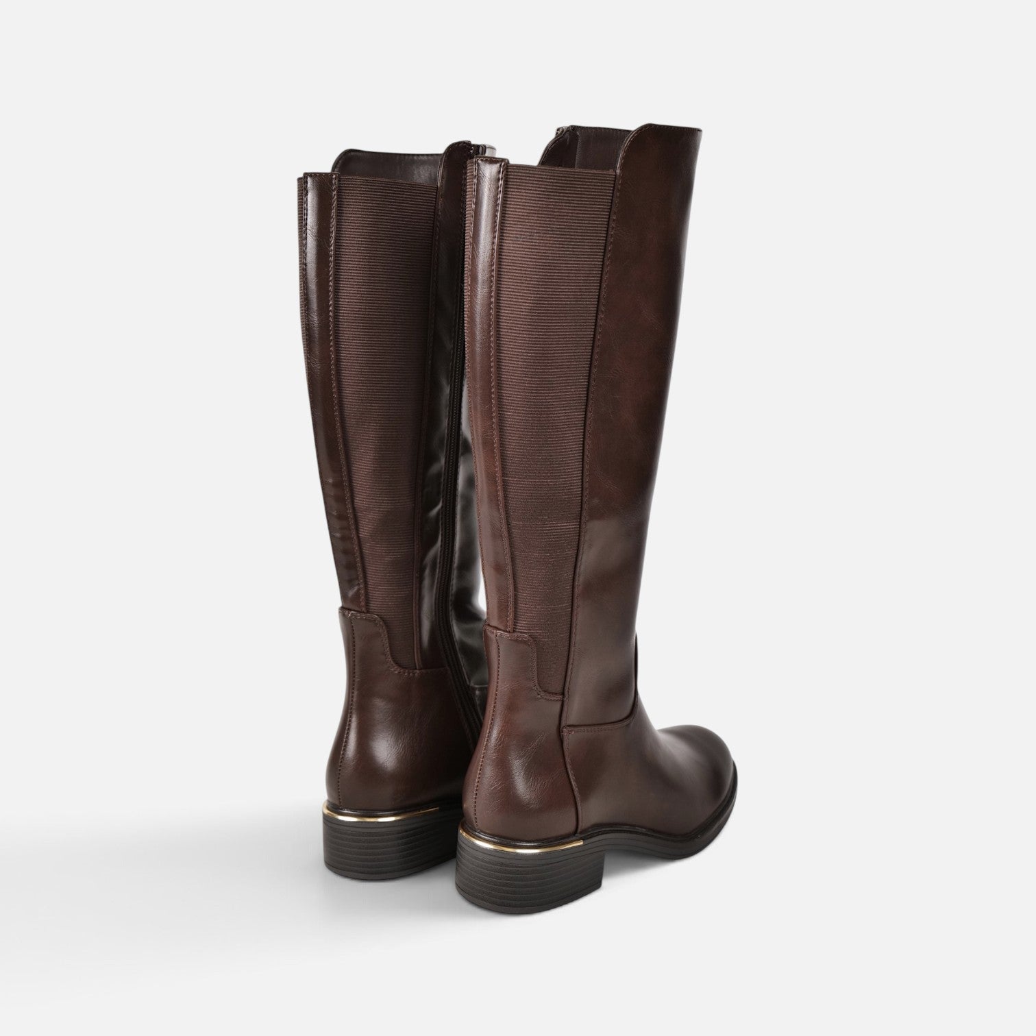 Botas altas planas de mujer efecto piel, botas planas de caña alta con cremallera lateral, con goma elástica ajustable tacón bajo y diseño clásico, negro y marrón chocolate
