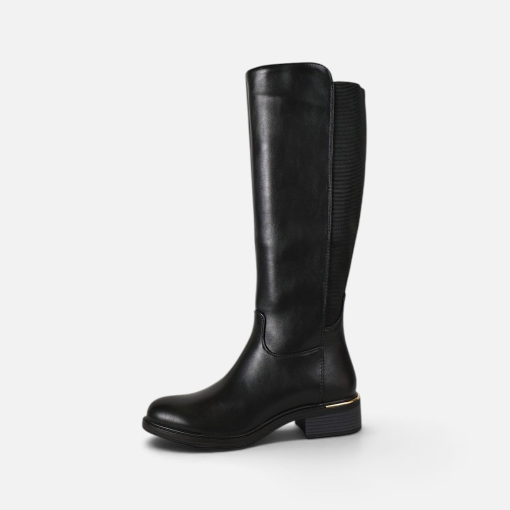 Botas altas planas de mujer efecto piel, botas planas de caña alta con cremallera lateral, con goma elástica ajustable tacón bajo y diseño clásico, negro y marrón chocolate
