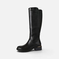 Botas altas planas de mujer efecto piel, botas planas de caña alta con cremallera lateral, con goma elástica ajustable tacón bajo y diseño clásico, negro y marrón chocolate