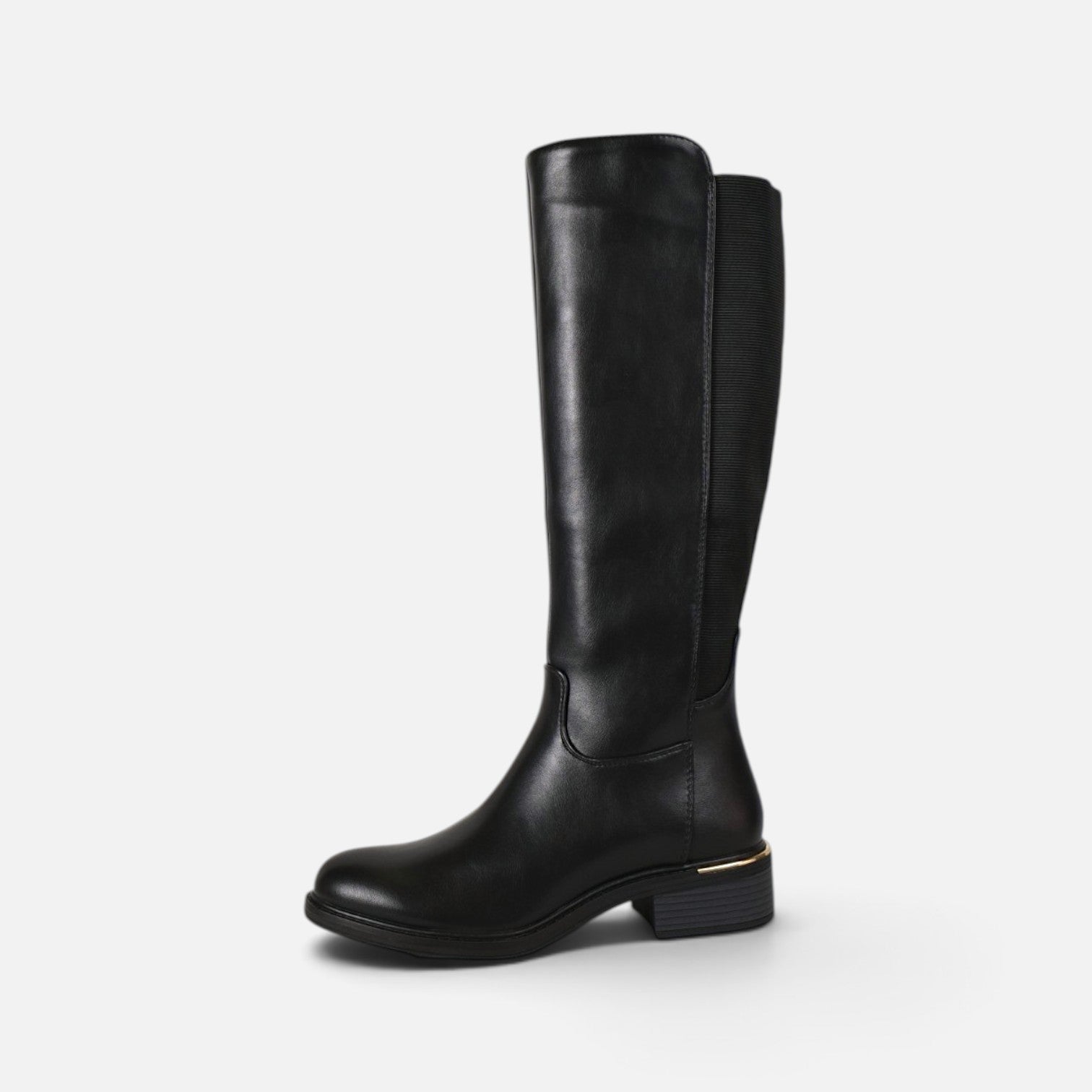Botas altas planas de mujer efecto piel, botas planas de caña alta con cremallera lateral, con goma elástica ajustable tacón bajo y diseño clásico, negro y marrón chocolate