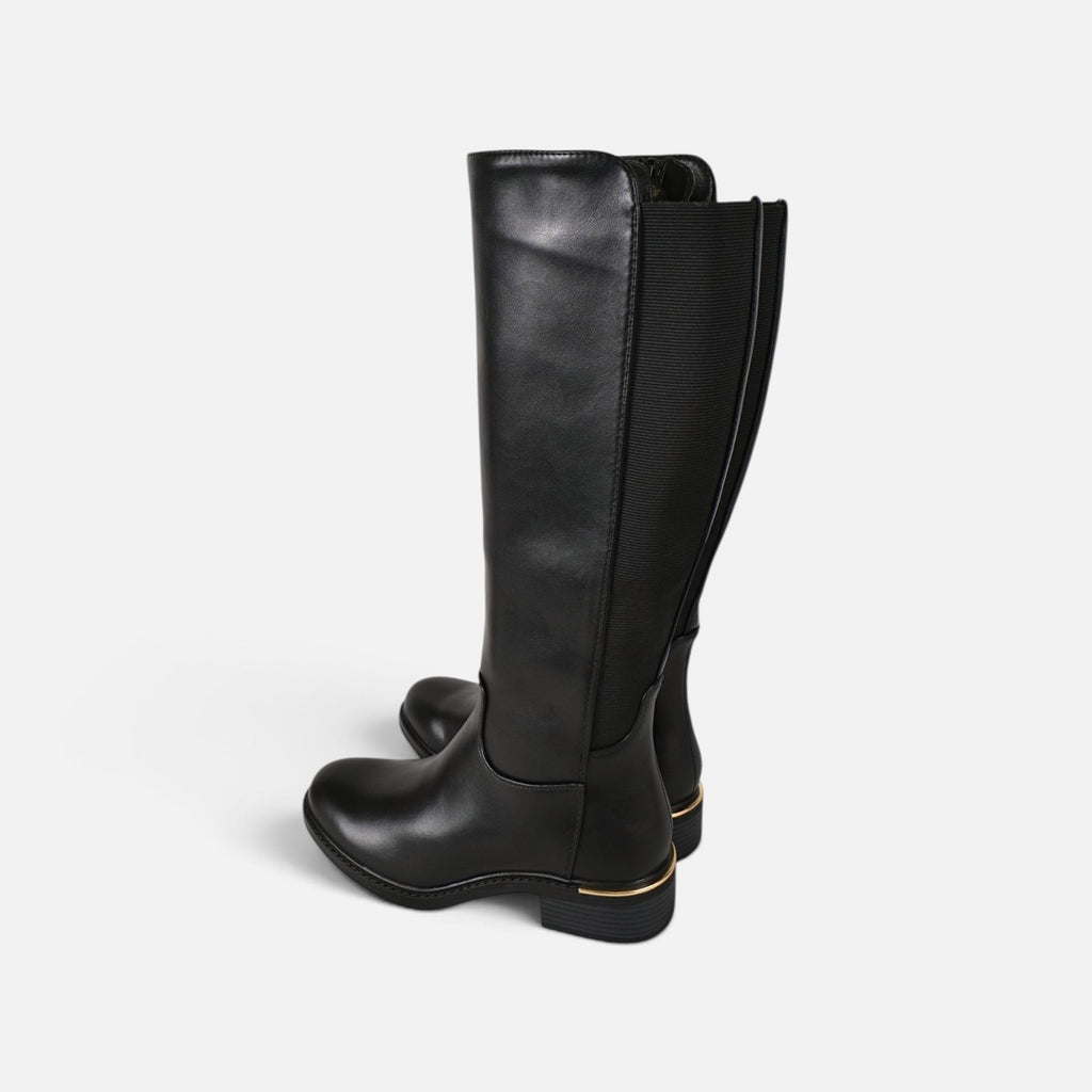 Botas altas planas de mujer efecto piel, botas planas de caña alta con cremallera lateral, con goma elástica ajustable tacón bajo y diseño clásico, negro y marrón chocolate