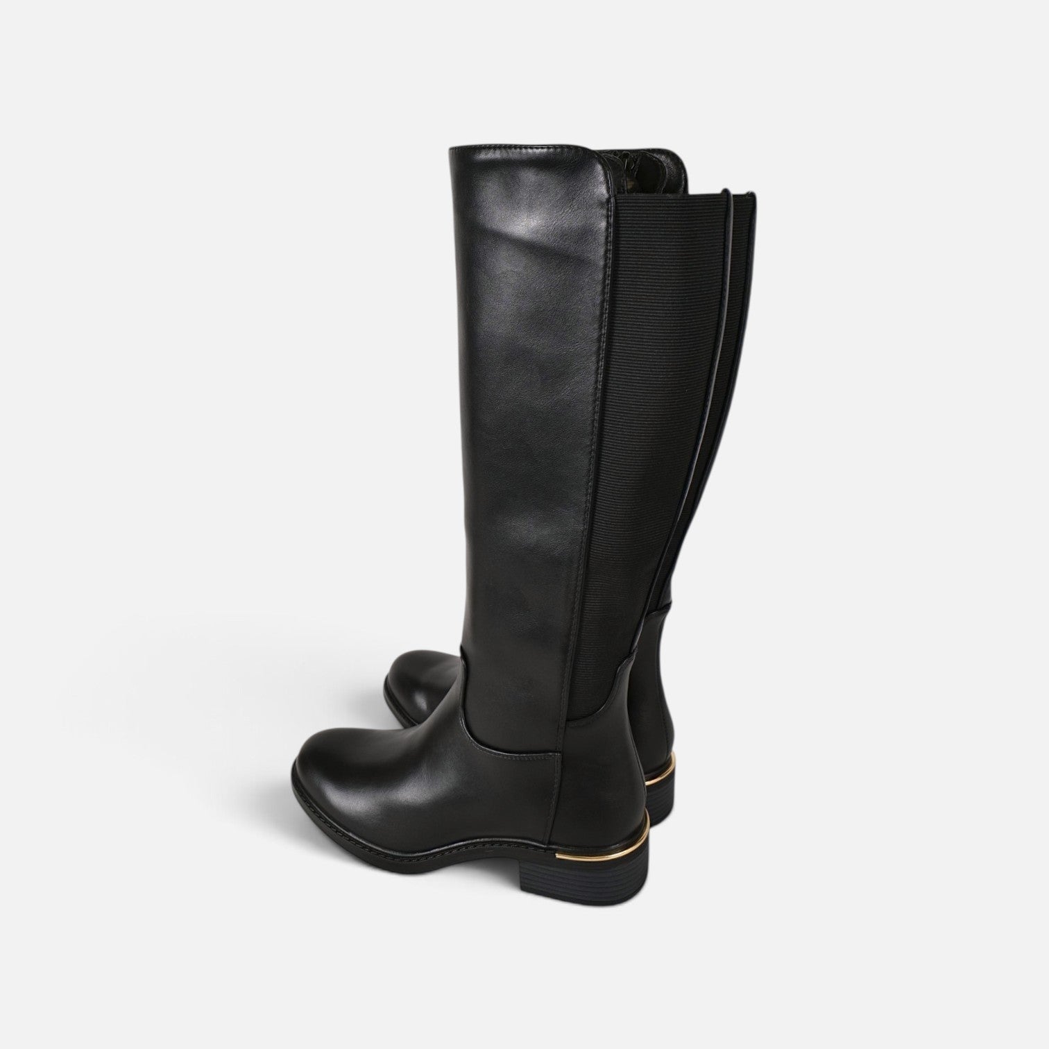 Botas altas planas de mujer efecto piel, botas planas de caña alta con cremallera lateral, con goma elástica ajustable tacón bajo y diseño clásico, negro y marrón chocolate