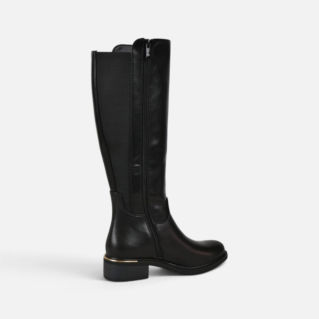 Botas altas planas de mujer efecto piel, botas planas de caña alta con cremallera lateral, con goma elástica ajustable tacón bajo y diseño clásico, negro y marrón chocolate