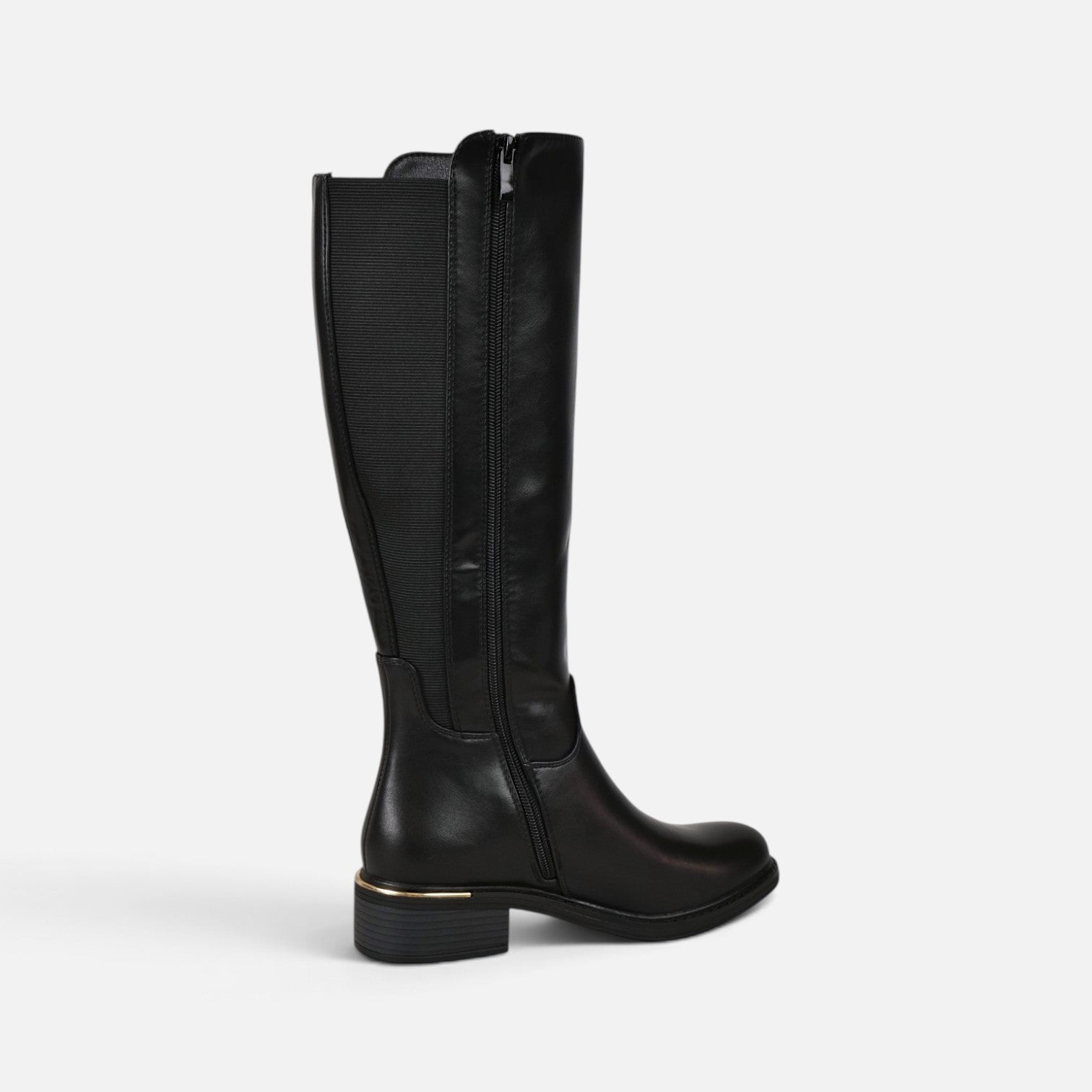 Botas altas planas de mujer efecto piel, botas planas de caña alta con cremallera lateral, con goma elástica ajustable tacón bajo y diseño clásico, negro y marrón chocolate