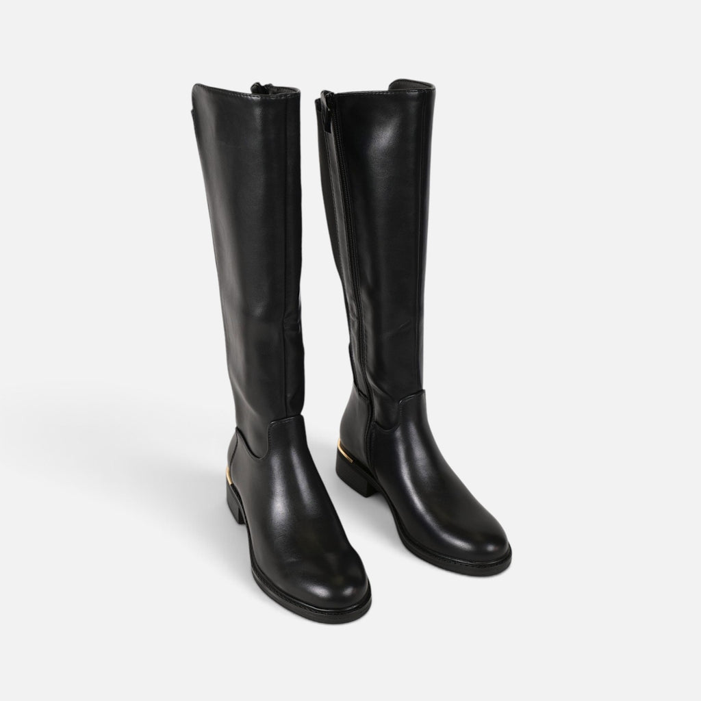 Botas altas planas de mujer efecto piel, botas planas de caña alta con cremallera lateral, con goma elástica ajustable tacón bajo y diseño clásico, negro y marrón chocolate