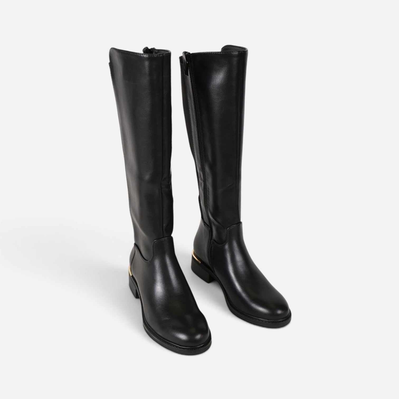 Botas altas planas de mujer efecto piel, botas planas de caña alta con cremallera lateral, con goma elástica ajustable tacón bajo y diseño clásico, negro y marrón chocolate