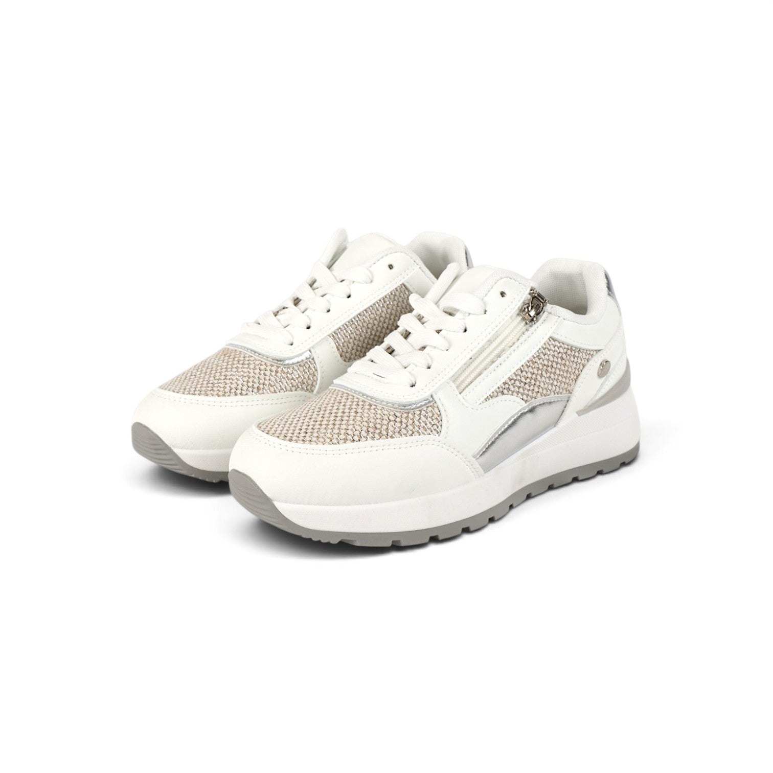 Zapatillas de mujer estilo casual con cremallera lateral y cordones, deportivas combinadas con tejido texturizado y suela cómoda en beige, marrón, caqui y blanco