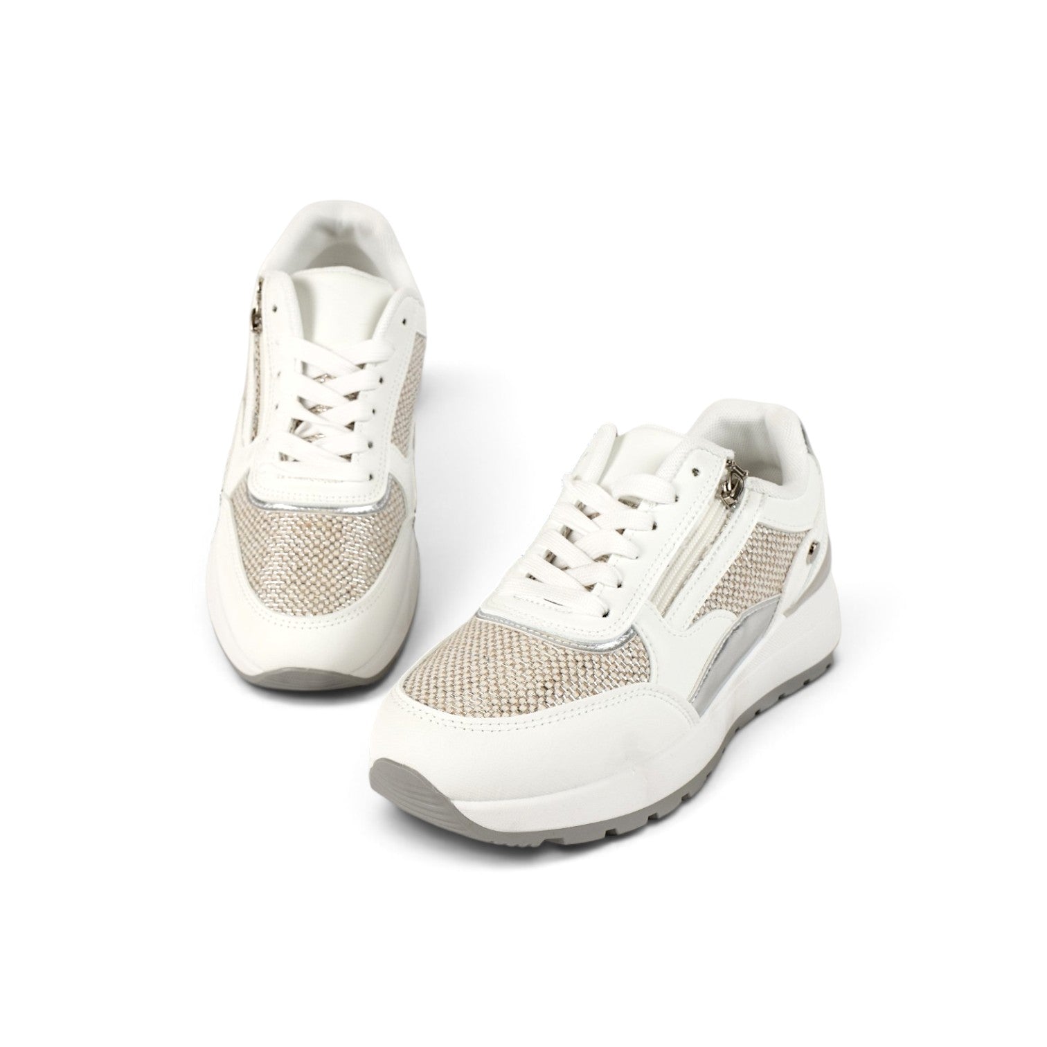 Zapatillas de mujer estilo casual con cremallera lateral y cordones, deportivas combinadas con tejido texturizado y suela cómoda en beige, marrón, caqui y blanco