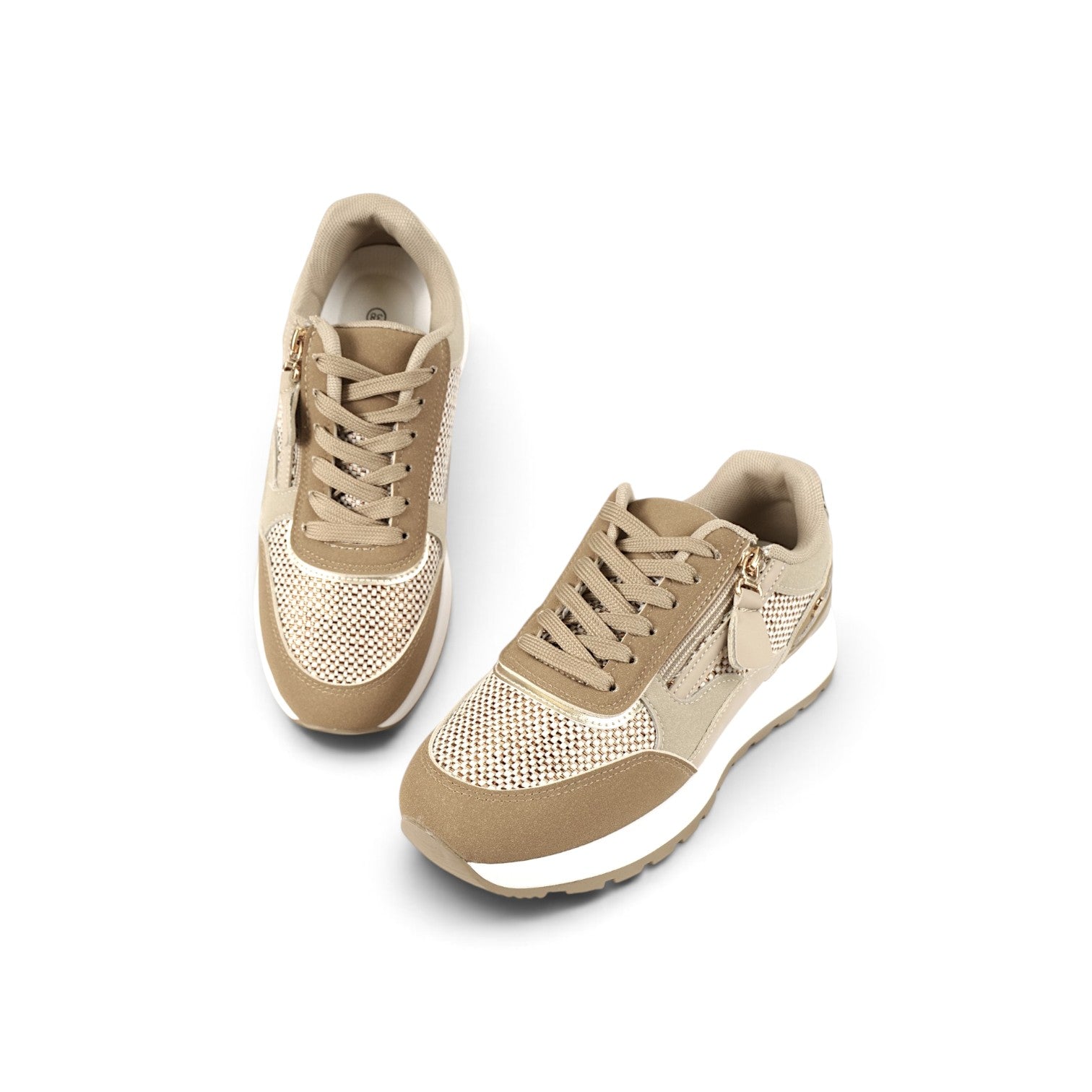 Zapatillas de mujer estilo casual con cremallera lateral y cordones, deportivas combinadas con tejido texturizado y suela cómoda en beige, marrón, caqui y blanco