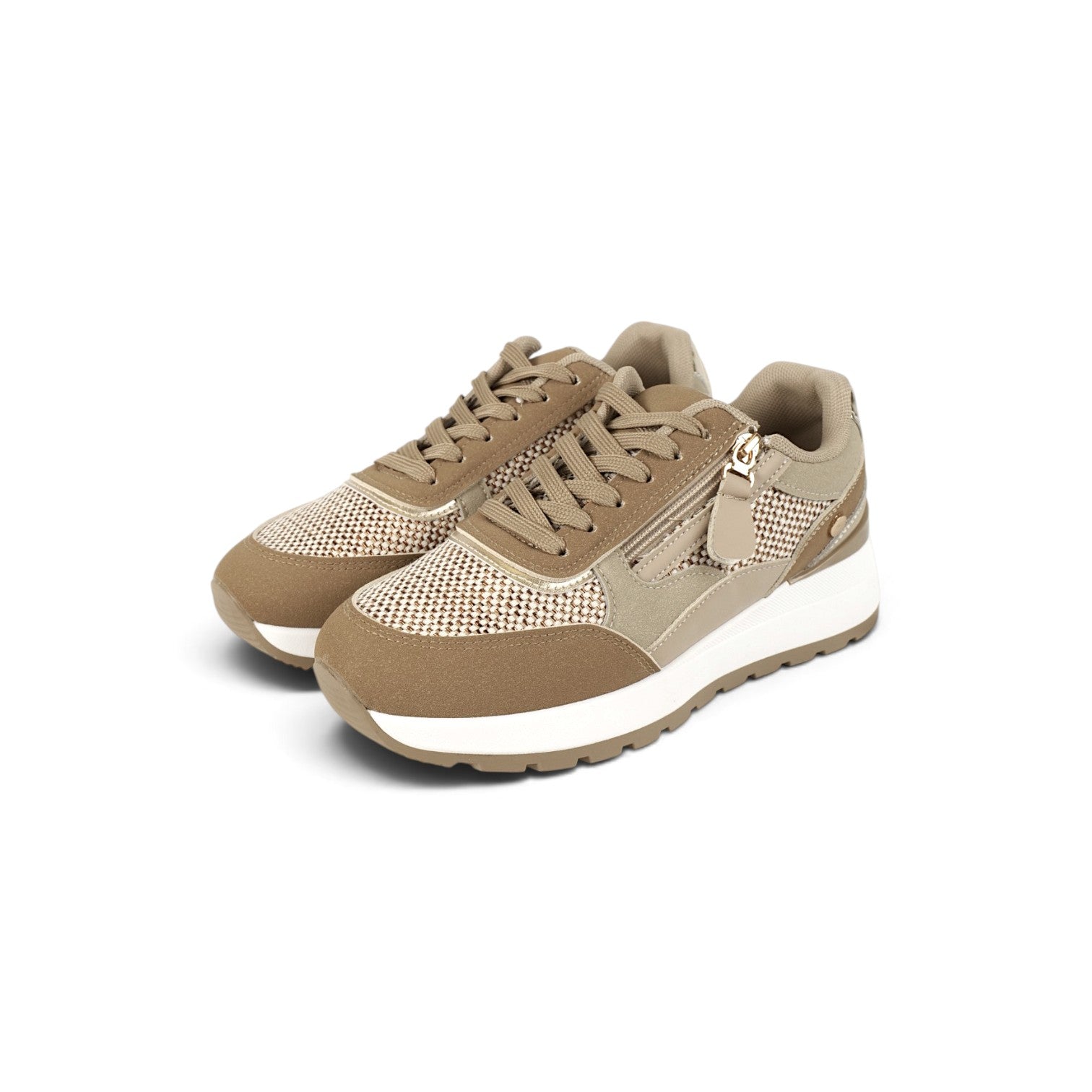 Zapatillas de mujer estilo casual con cremallera lateral y cordones, deportivas combinadas con tejido texturizado y suela cómoda en beige, marrón, caqui y blanco