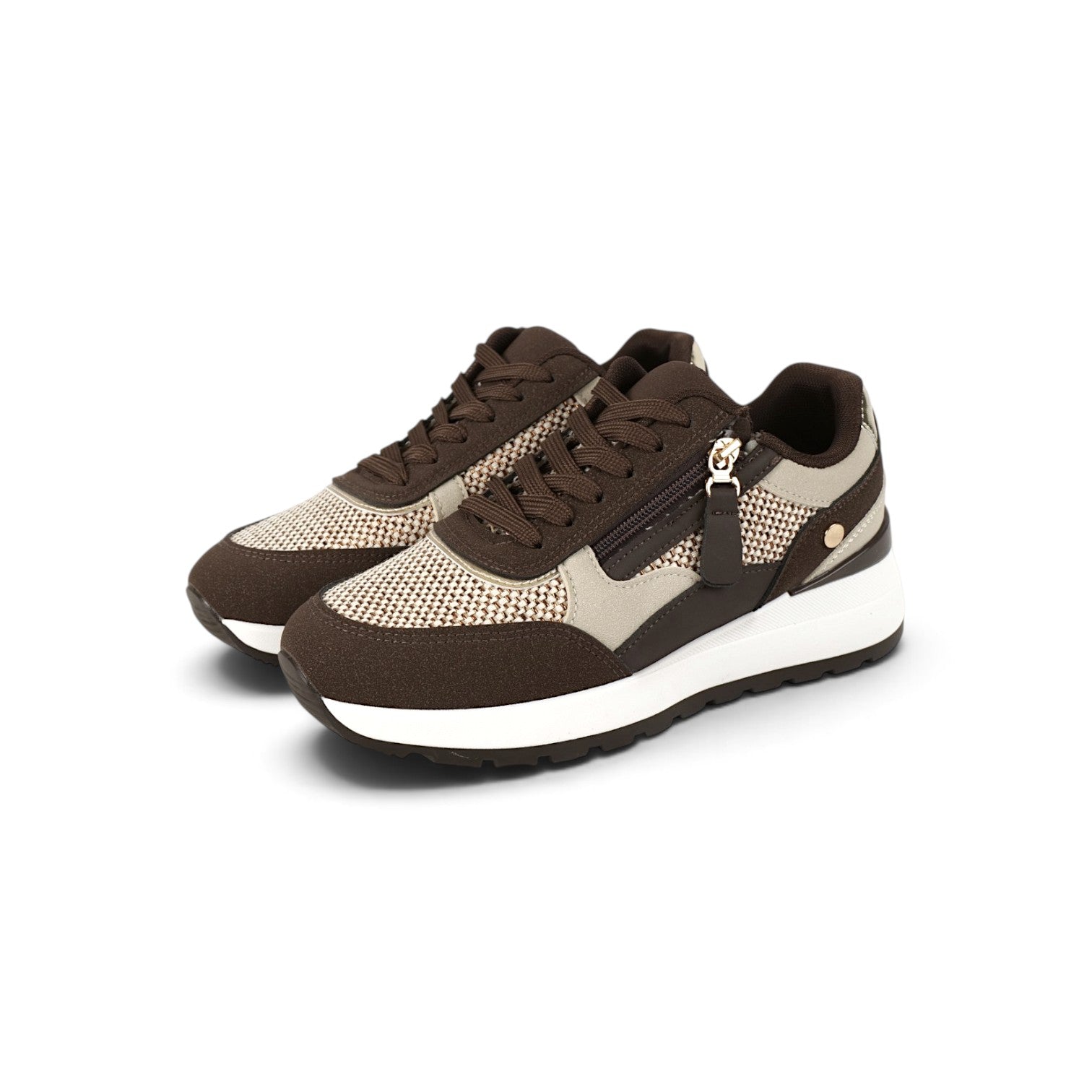Zapatillas de mujer estilo casual con cremallera lateral y cordones, deportivas combinadas con tejido texturizado y suela cómoda en beige, marrón, caqui y blanco
