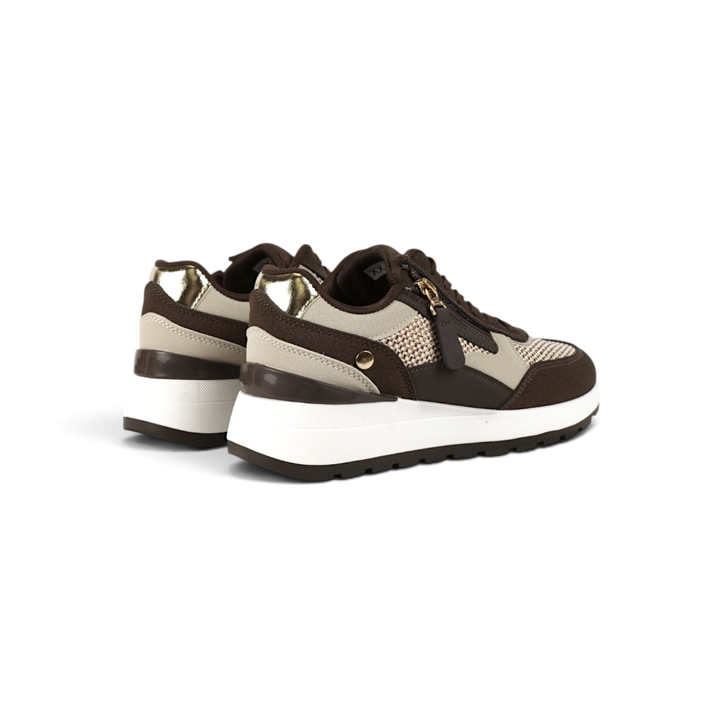 Zapatillas de mujer estilo casual con cremallera lateral y cordones, deportivas combinadas con tejido texturizado y suela cómoda en beige, marrón, caqui y blanco