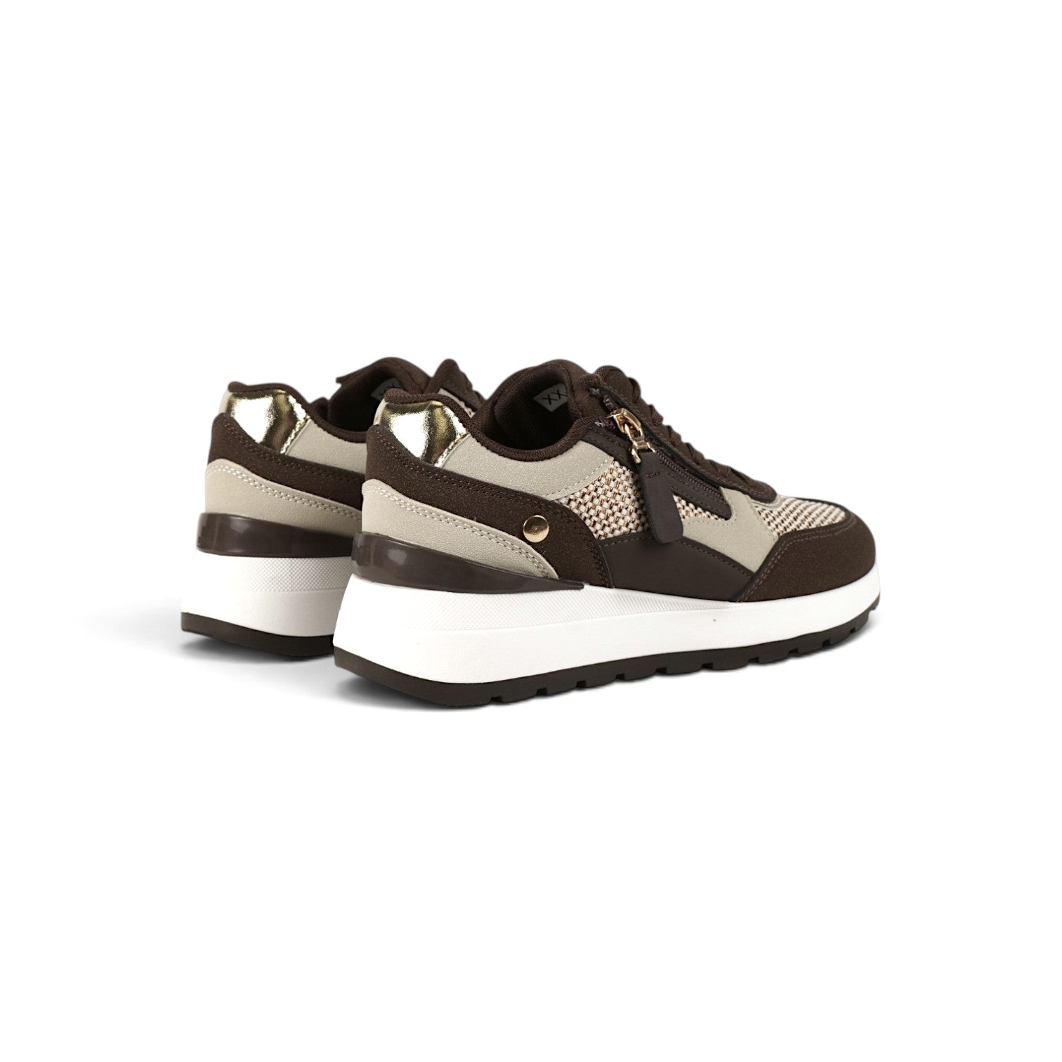 Zapatillas de mujer estilo casual con cremallera lateral y cordones, deportivas combinadas con tejido texturizado y suela cómoda en beige, marrón, caqui y blanco