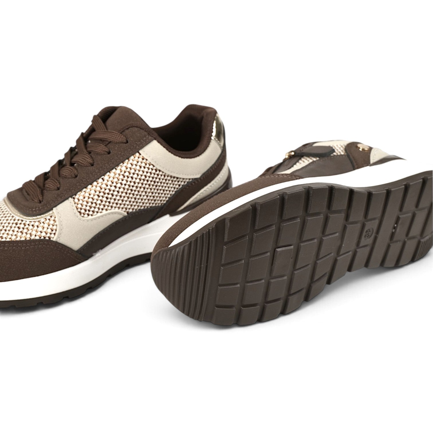 Zapatillas de mujer estilo casual con cremallera lateral y cordones, deportivas combinadas con tejido texturizado y suela cómoda en beige, marrón, caqui y blanco