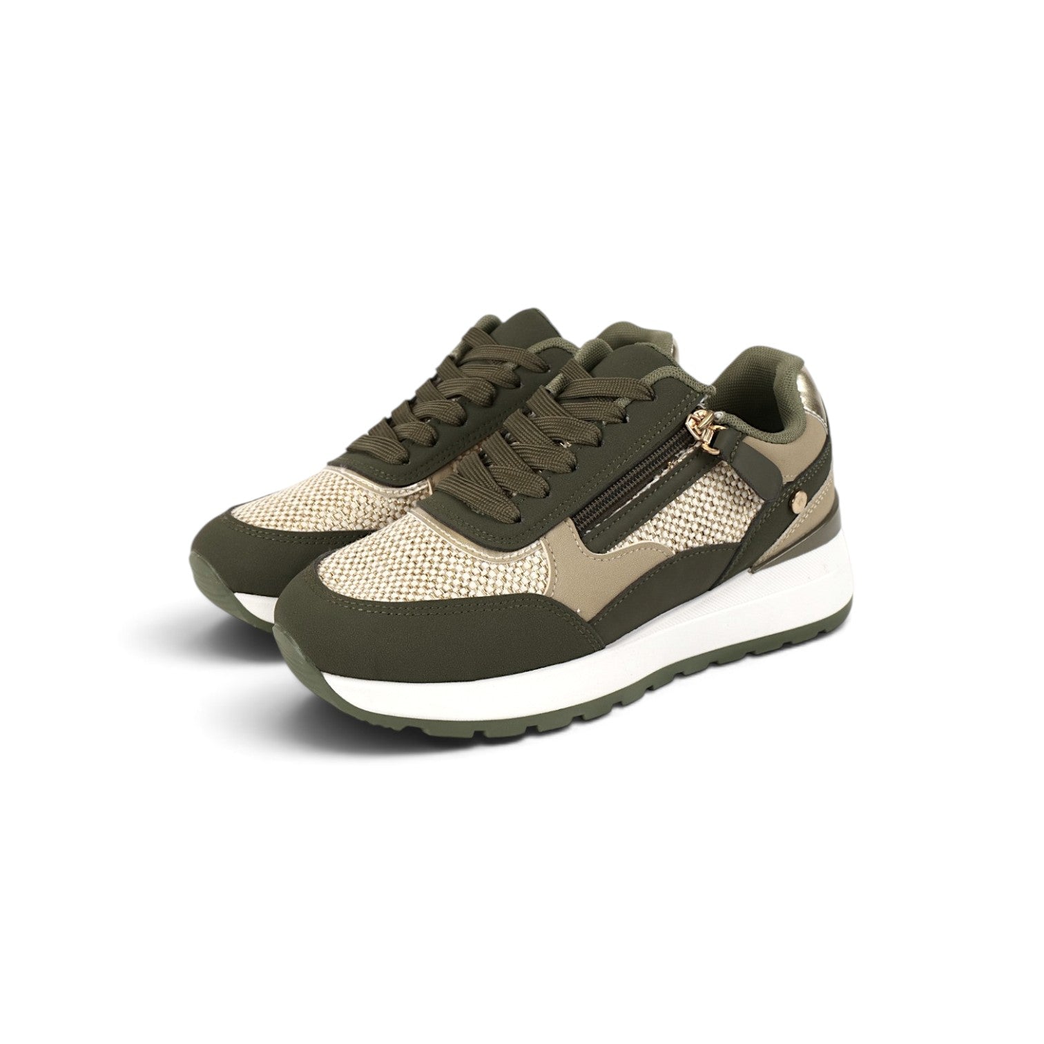 Zapatillas de mujer estilo casual con cremallera lateral y cordones, deportivas combinadas con tejido texturizado y suela cómoda en beige, marrón, caqui y blanco