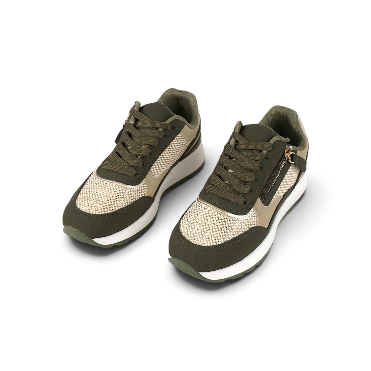 Zapatillas de mujer estilo casual con cremallera lateral y cordones, deportivas combinadas con tejido texturizado y suela cómoda en beige, marrón, caqui y blanco