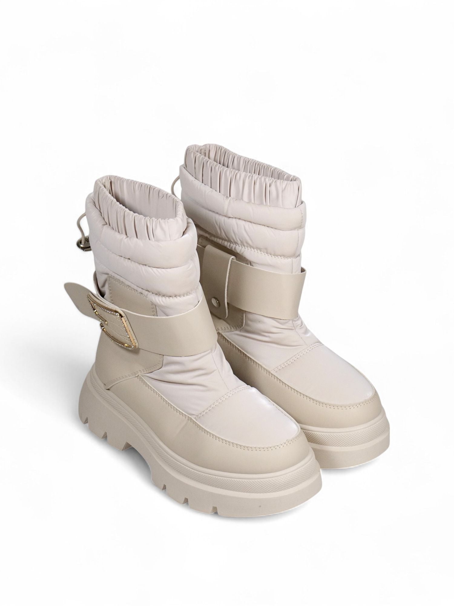Bota invierno mujer acolchada en cuero sintético con suela chunky, caña ajustable y correa decorativa con hebilla – calzado cómodo y abrigado para días fríos