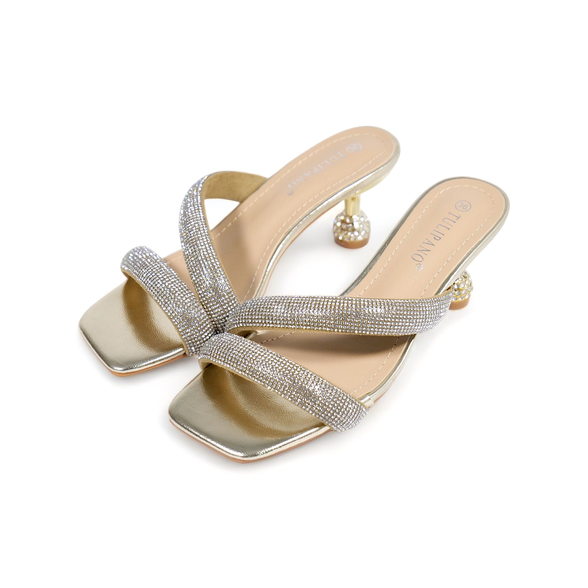 Sandalias de tacón con brillos y tiras cruzadas