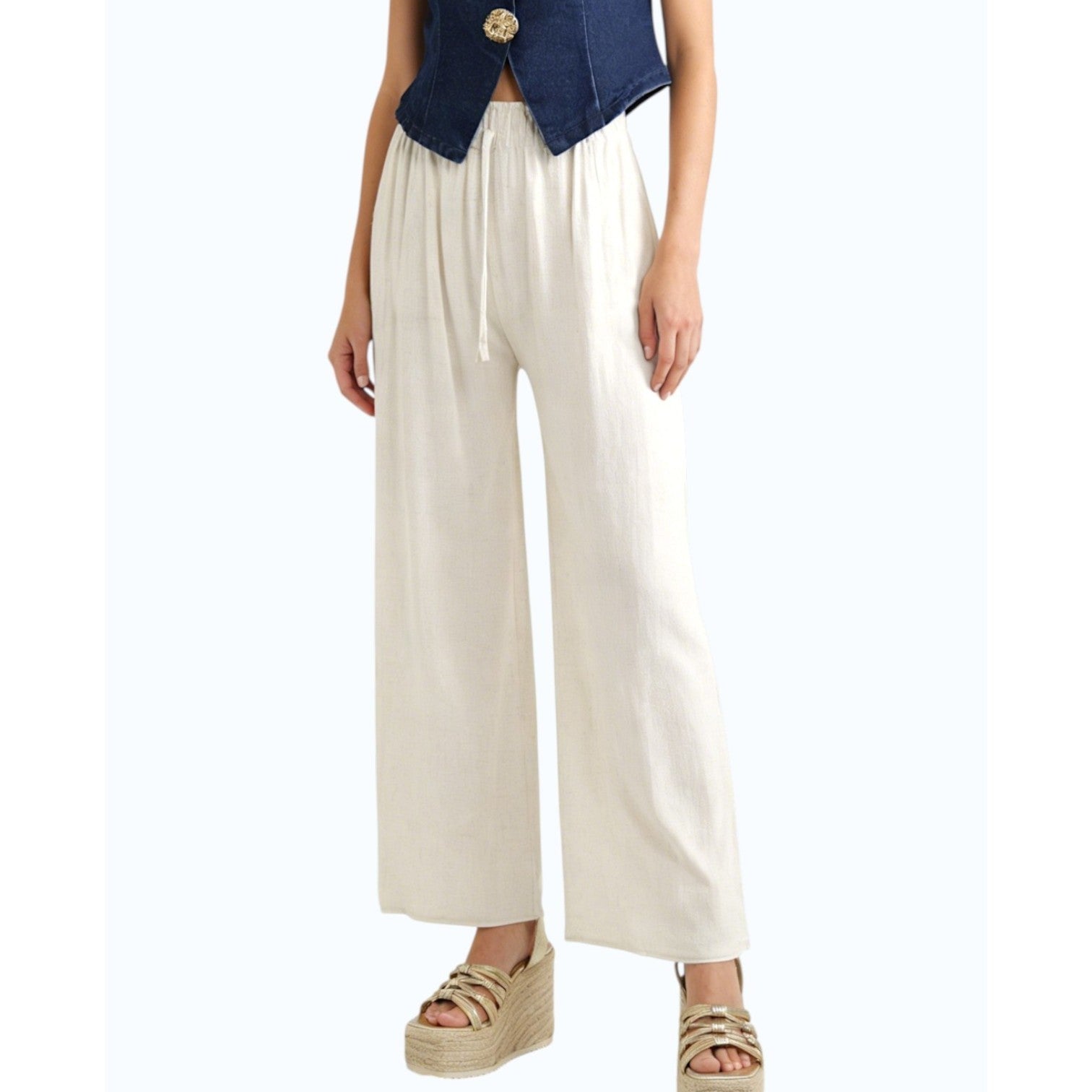 Pantalón mujer lino beige cintura elástica con cordón tiro alto corte ancho fluido, pantalón casual verano holgado cómodo estilo minimalista classy outfit mujer moda femenina